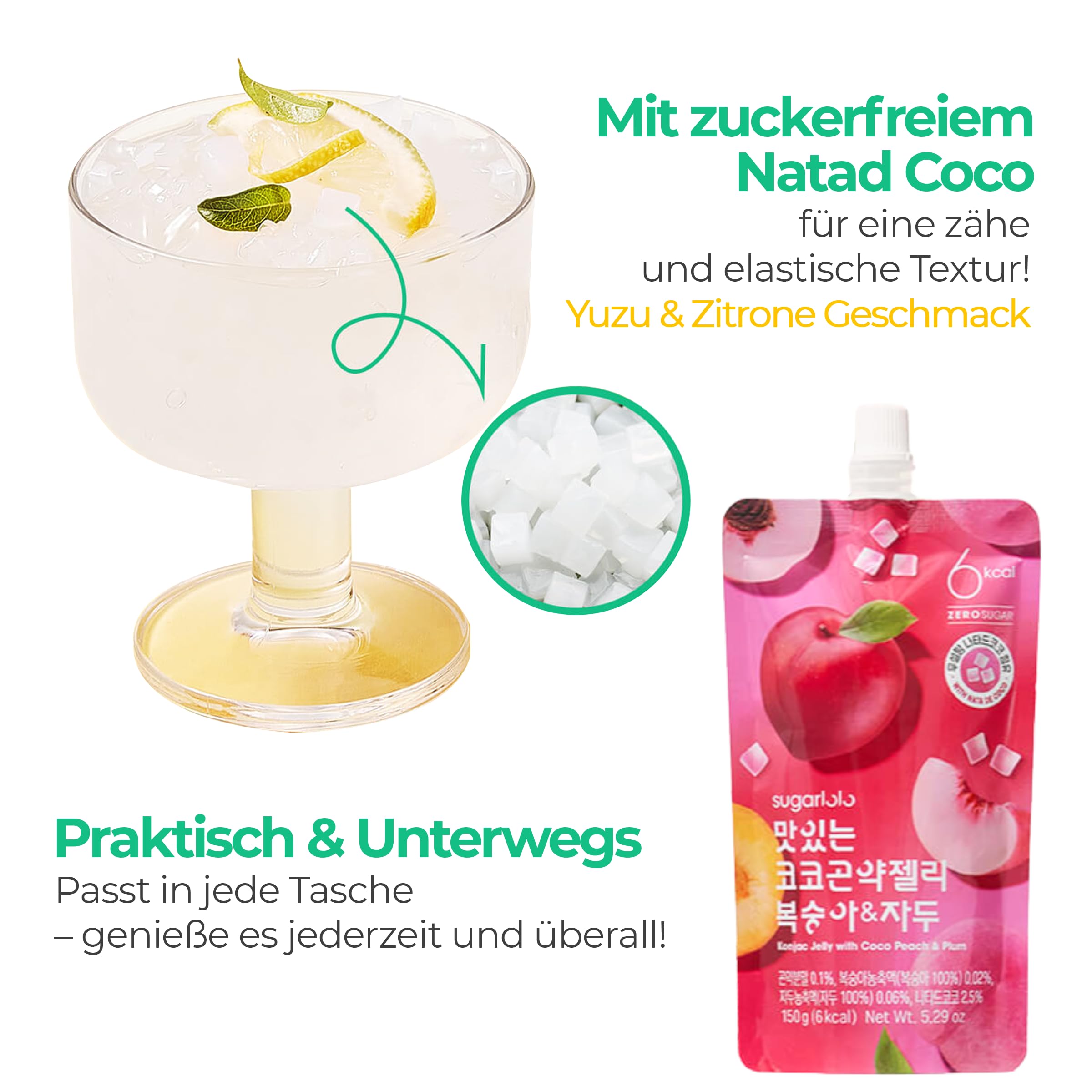 EasyCookAsia Sugarlolo Trinkbares Konjac | 150ml x 10er | 6 kcal | Kalorienarm, Zuckerfrei, vegan & ballaststoffreich | Nata de Coco & 500mg Vitamin C | für Diät, Sport & Alltag (Pfirsich & Pflaume)