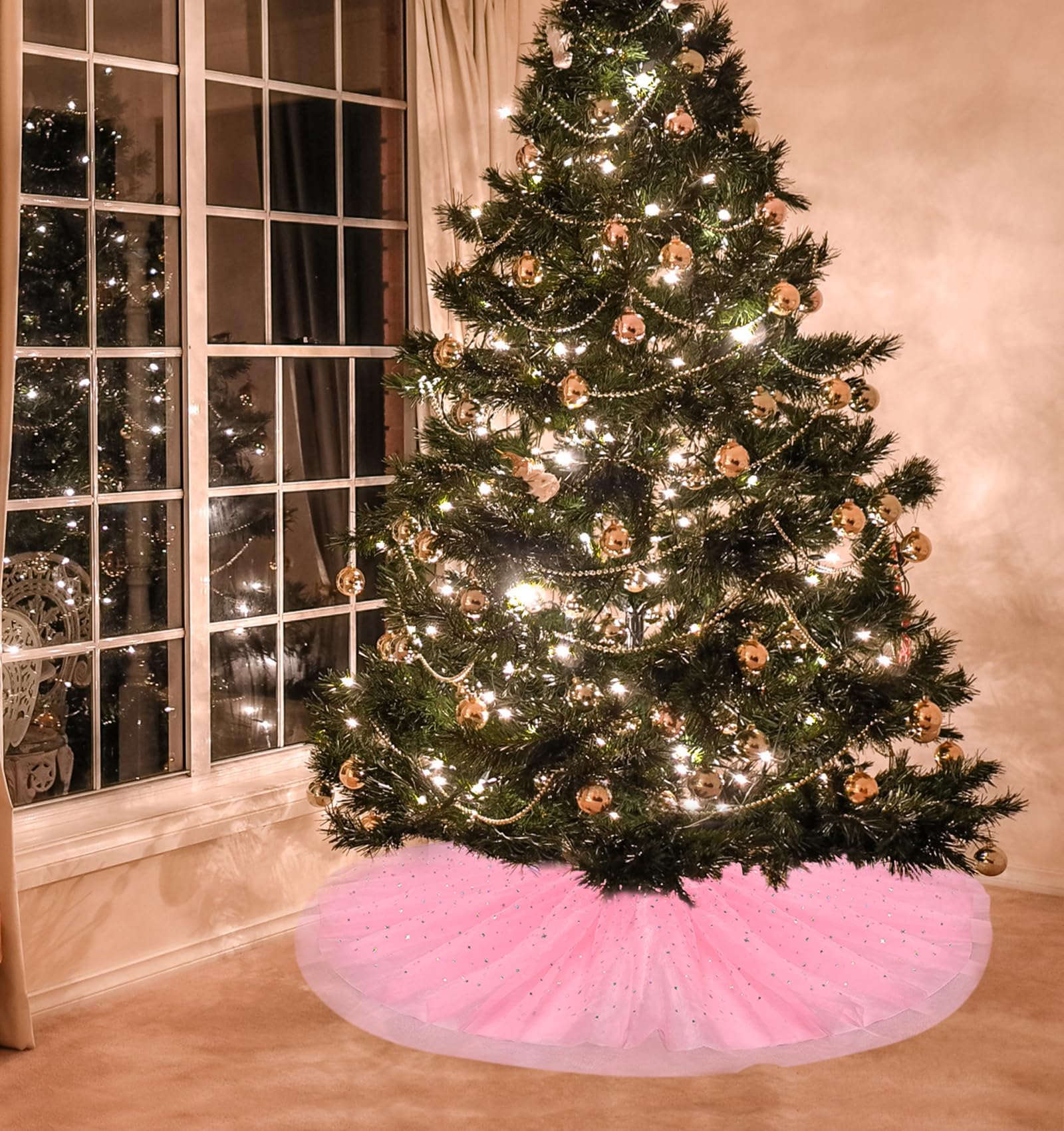 FIABC 47-Inch Christmas Tree Skirt - 4-Layer Fluffy Pleated Sparkly Skirt For Holiday, Wedding, Party (Black)