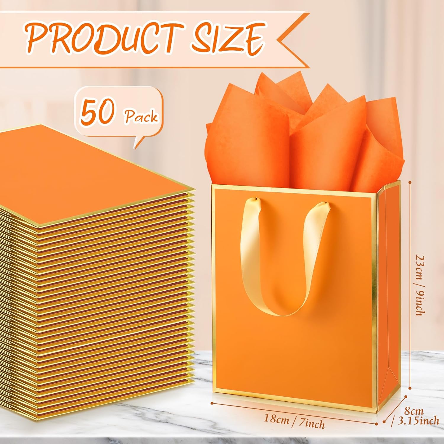 Yeaqee 50 Pack Metallic Gift Bags with Handle and Tissue Paper Gold Foil Thank You Bag for Valentine Wedding 5 Groomsmen Bridal 5 Senses Gifts Holiday Party Favors 9x7x3.15''(Orange) - Image 2