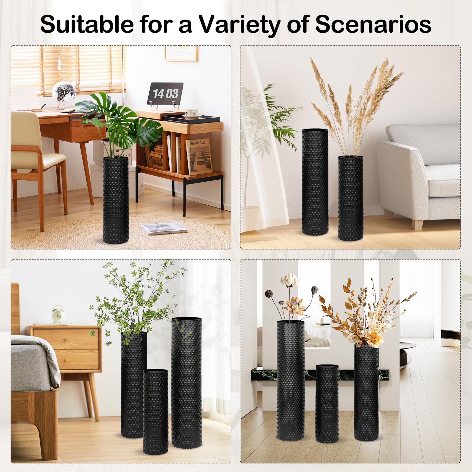Vaso Grande da Terra Nero, 70/55/40 cm Metallo Vasi da Terra Set di 3, Struttura a Nido d'ape Vasi Decorativi Moderni Extra Vaso Alti da Terra per Camino Corridoio Ufficio Soggiorno