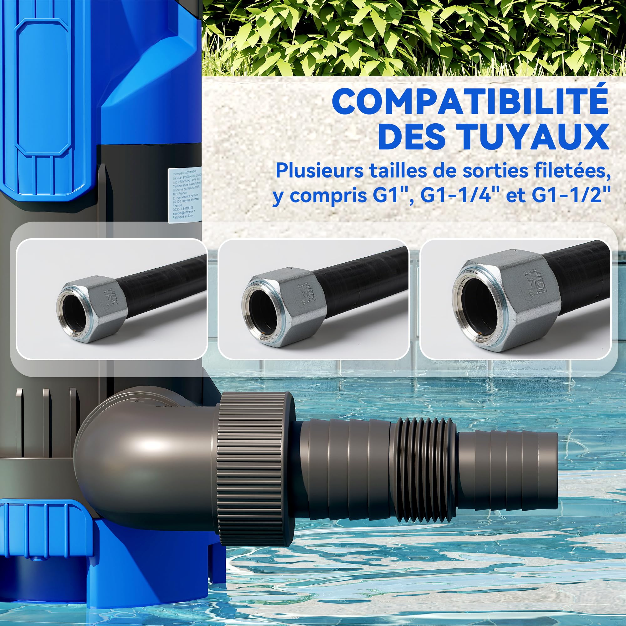 Outsunny Pompe d'évacuation eaux chargées/propres 20000L/H 750W, profondeur max. 7m, Pompe de relevage eaux chargées avec interrupteur à flotteur, pour eaux sales avec particules jusqu'à 35 mm, noir