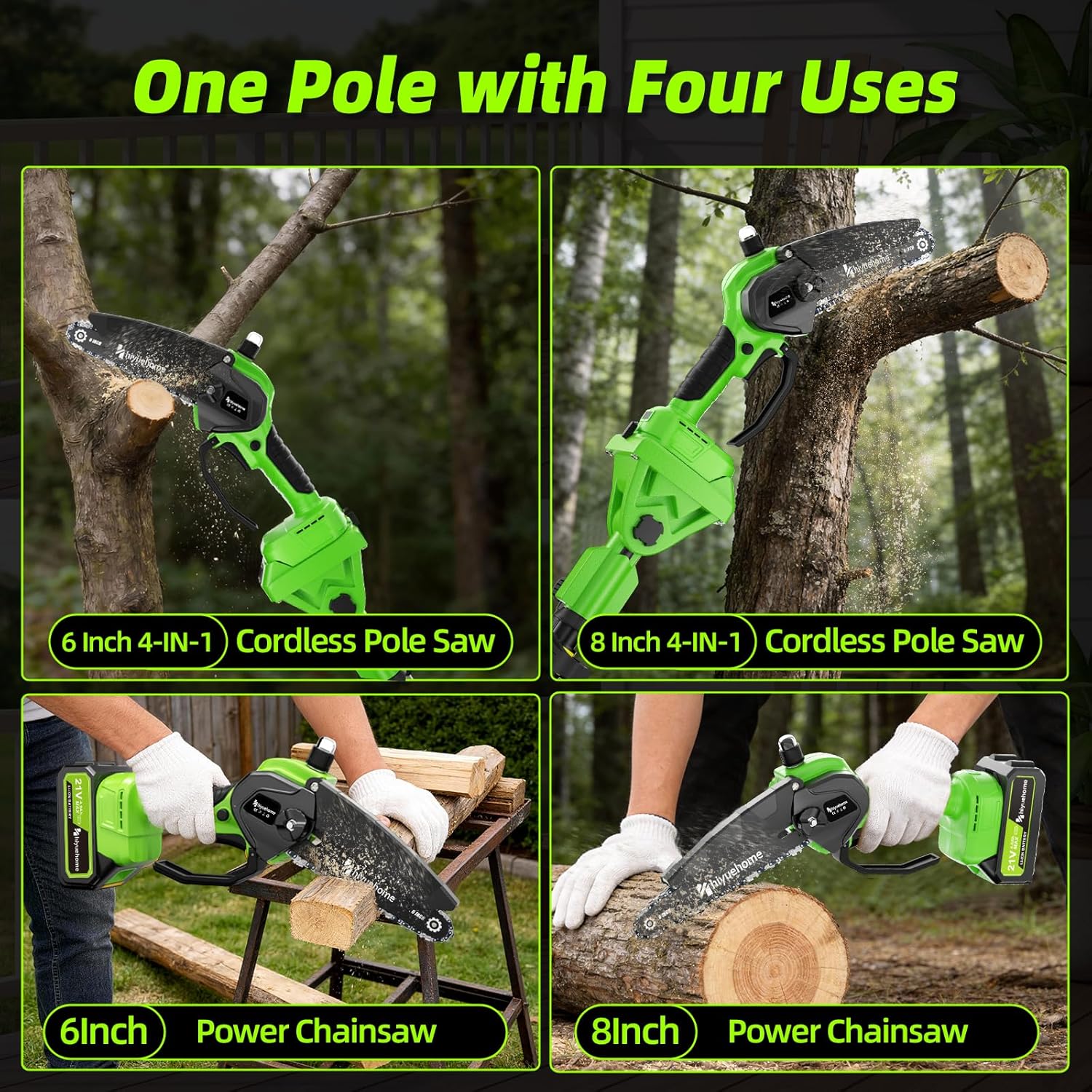 21V Cordless Pole Saw, 4-in-1 180° Rotatable Electric Tree Trimmer with 6/8 Inch Guide Bars,4000mAh Battery & Fast Charger, Telescopic Pole, Brushless Motor for Garden/Farm/Camping