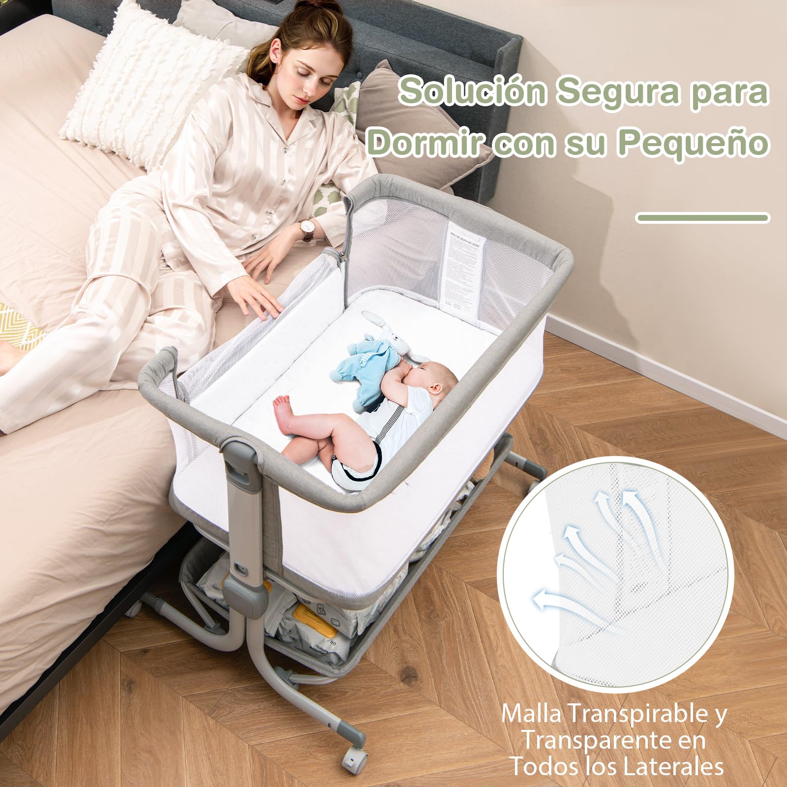 COSTWAY Cuna Colecho, Mini Cuna para Bebe con Altura Ajustable de 6 Niveles, Estante, Ruedas Bloqueables, Colchón y Bolsa de Transporte (Gris Ligero)