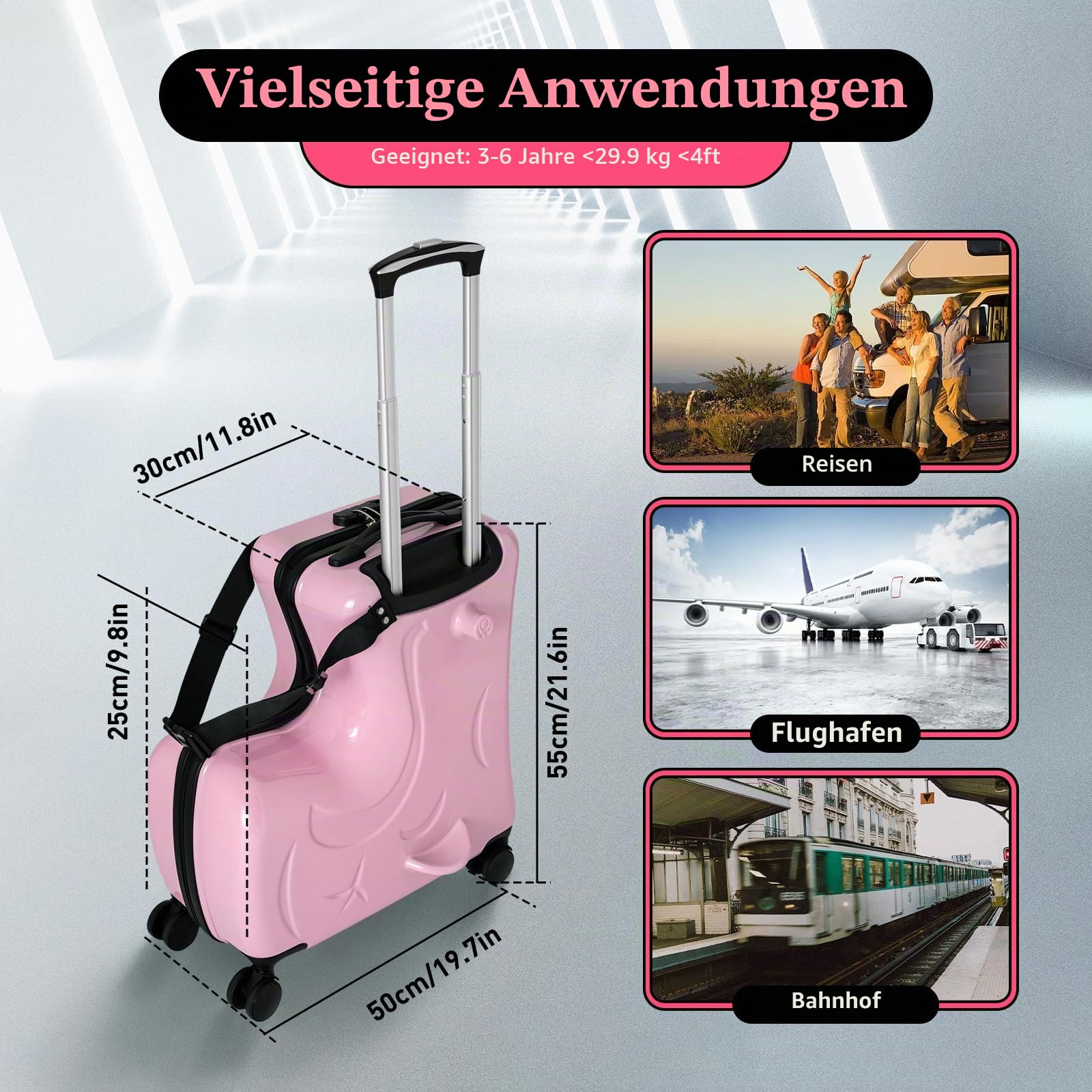 Kinderkoffer Zum Draufsitzen 20 Zoll, Kindertrolley mit Sitzfunktion & Sicherheitsgurt, Hartschalen Reisekoffer Kinder Pferd Design, Leichtgewicht 3.3kg für Kinder 3-6 Jahre, Rosa