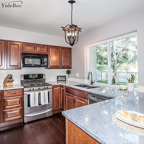 Miniatura 2 de Yidelloc Candelabro negro de granja 4 luces, candelabros de jaula vintage E12 base lámpara de techo semiempotrada lámpara colgante para comedor,