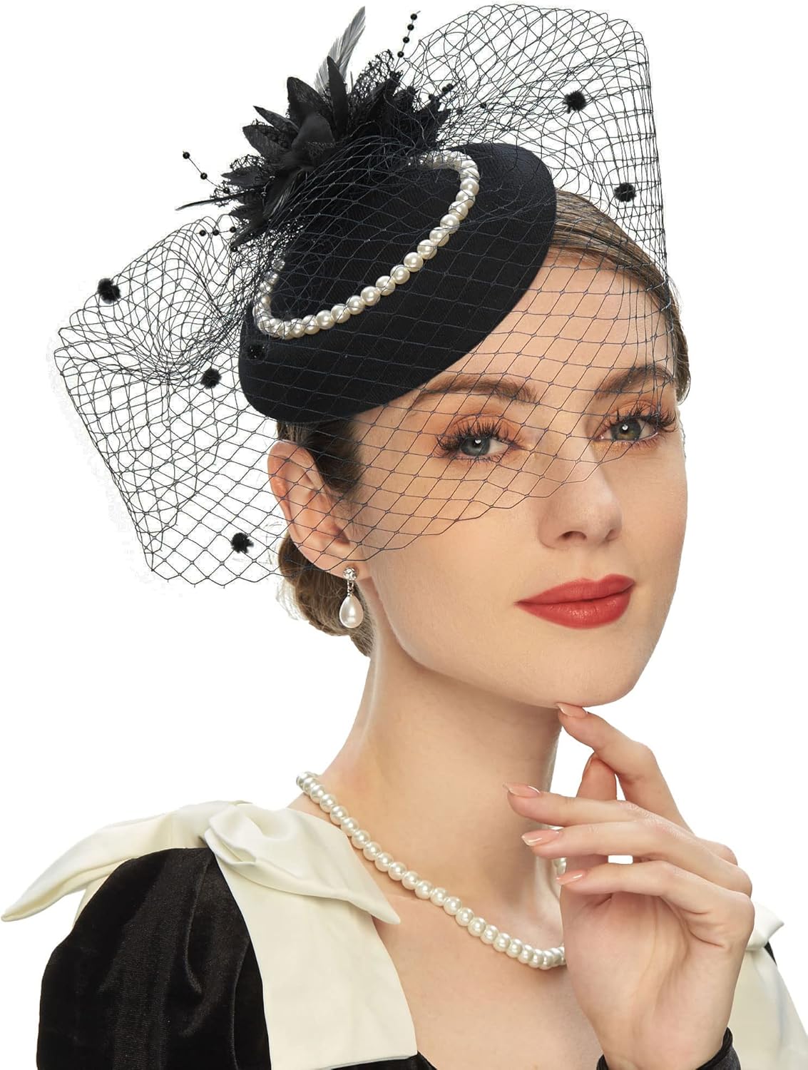 Cizoe Pillbox Hats 20s 50s Vintage Fascinators for Women Tea Party Hats with Feather Mesh Veil Headband - Image 2