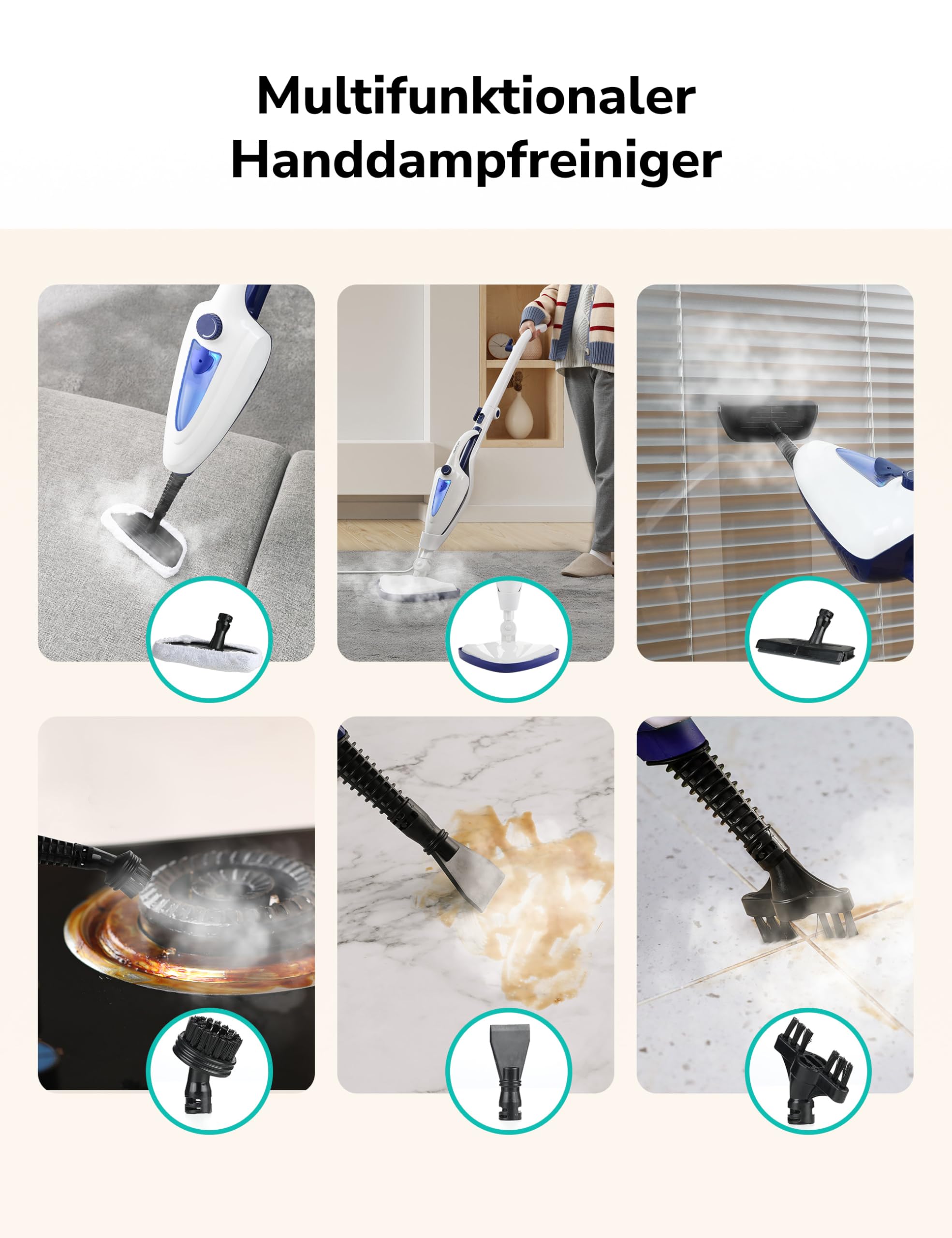 12-in-1 Dampfreiniger Bodenreiniger, 1500W Steam Mop mit Handgerät, 15 Sek. Schnellaufheizung, 30g/min Dampf, entfernt 99,99% Schmutz, für Fliesen, Laminat, Fenster, Sofa, Kleidung, Haushalt