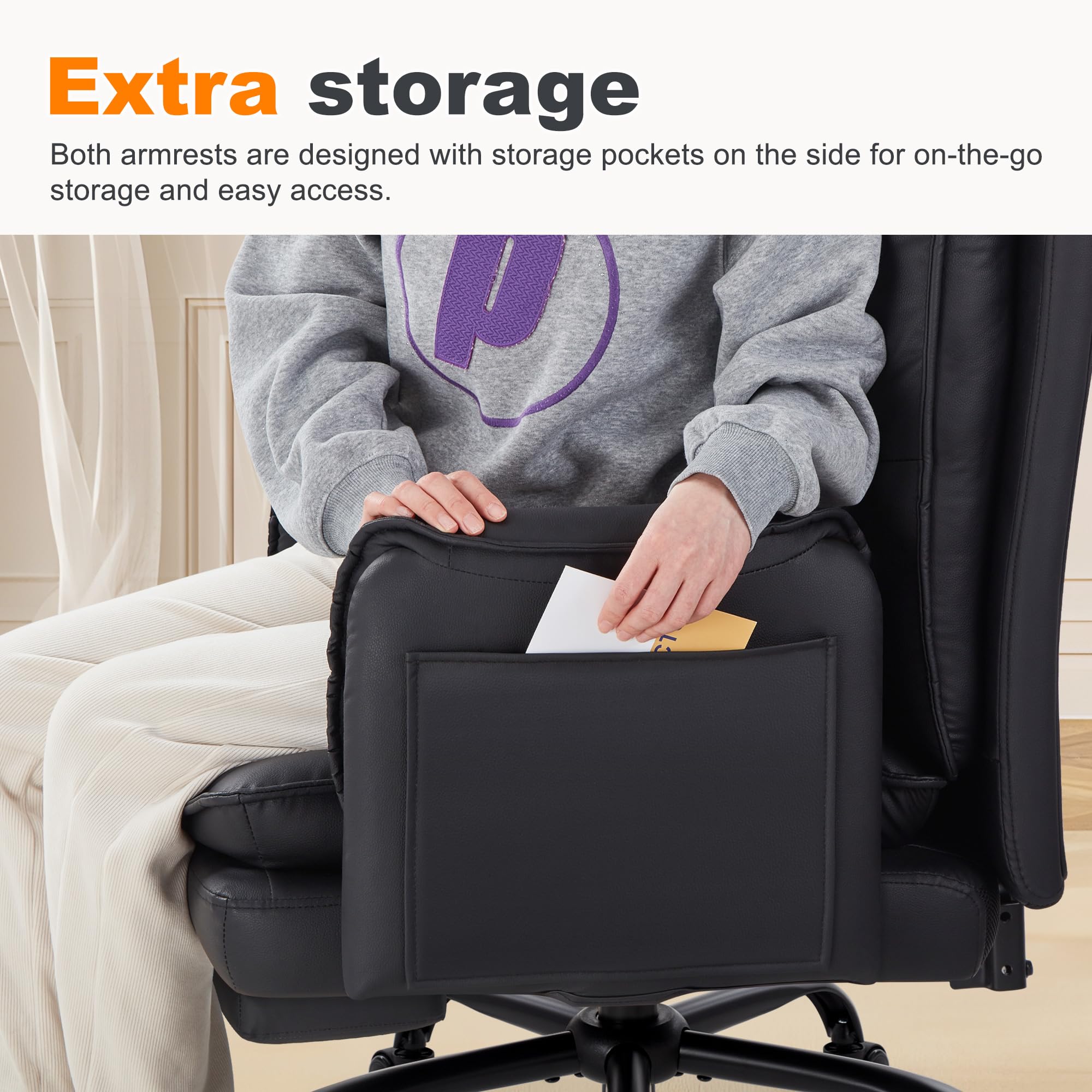 IWMH Silla de Oficina para Personas con Sobrepeso Ergonómica Silla Escritorio Silla Resistente para Ordenador Silla Giratoria con Cojín de Asiento Acolchado y Grueso Negro