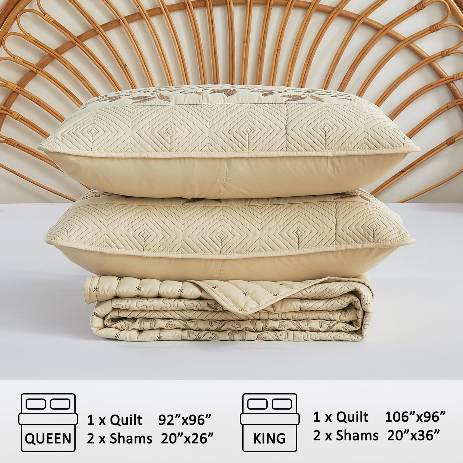 EVENHUG Floral Embroidered Quilt Set Queen Size 3 Piece Bedding Set Reversible Farmhouse Bedspread Coverlet with 2 Pillow Shams Lightweight Soft Bed Cover for All Season(92"X 96",Beige) - Image 6