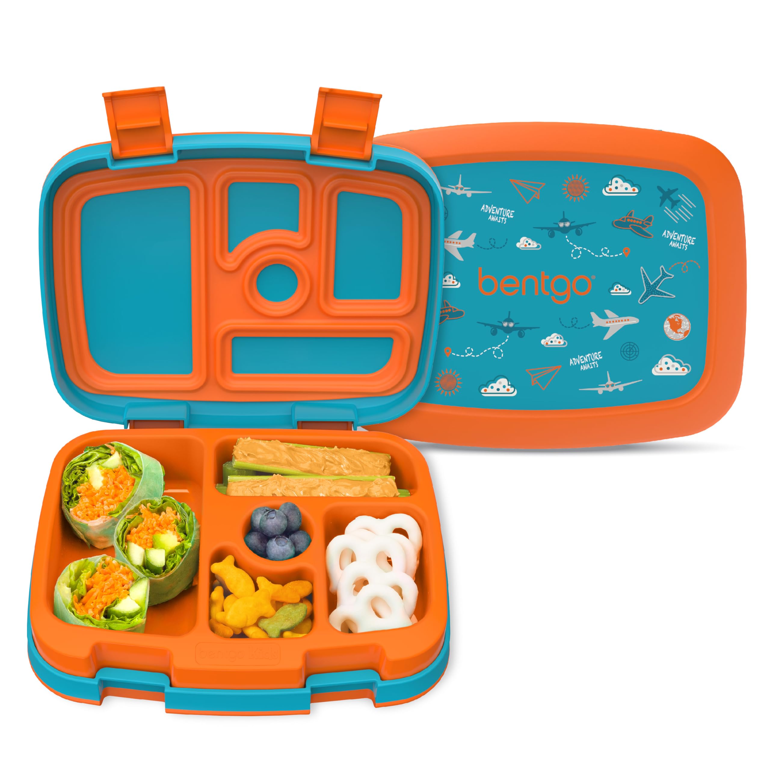 BentgoKids Prints Leak-Proof, 5-Compartment Bento-Style Kids Lunch Box - Ideal Portion Sizes for Ages 3-7, Durable, Drop-Proof, Dishwasher Safe, & PFAS & BPA-Free Materials (Planes)