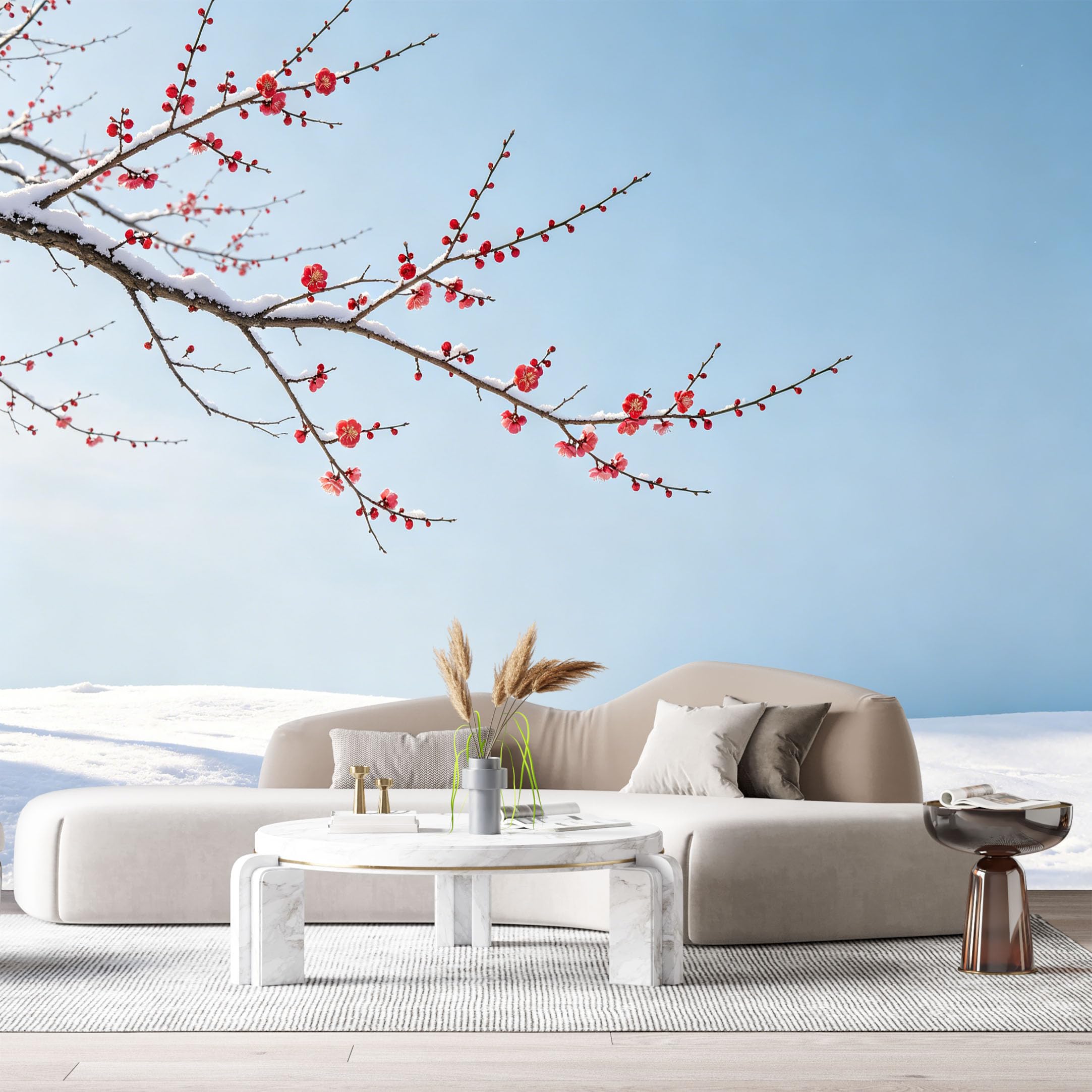 Custom Size Wall Murals Snowy Landscape Botanical Red Plum Blossoms Branch Minimalist Watercolor SelfAdhesive Wall Fabric Removable Large Wallpaper for Photo Living Room