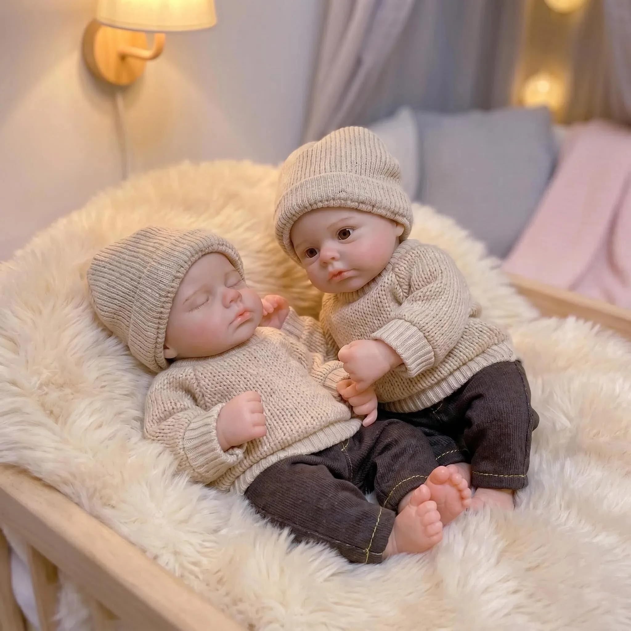 MineeQu Mini Muñecas Bebé Reborn Gemelas Realistas 15 cm Silicona Sólida