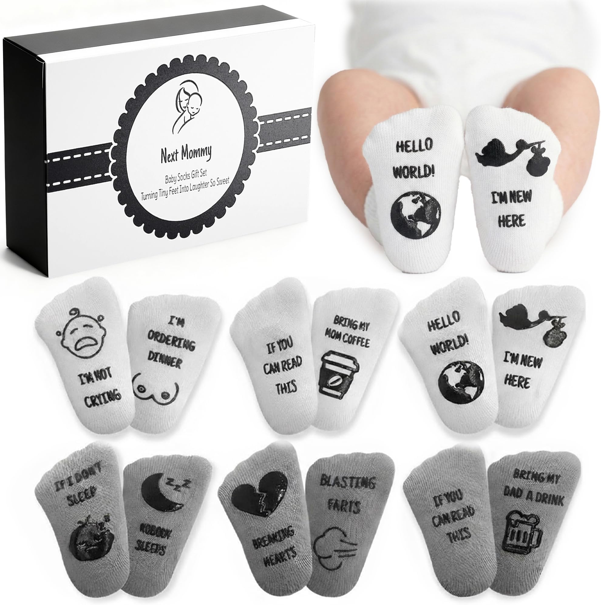Baby Socks Gift Set – 6 Cute & Funny Non-Slip Socks for Boys & Girls | Baby 0-6 Months to 12-18 Months | Organic Cotton with Grips