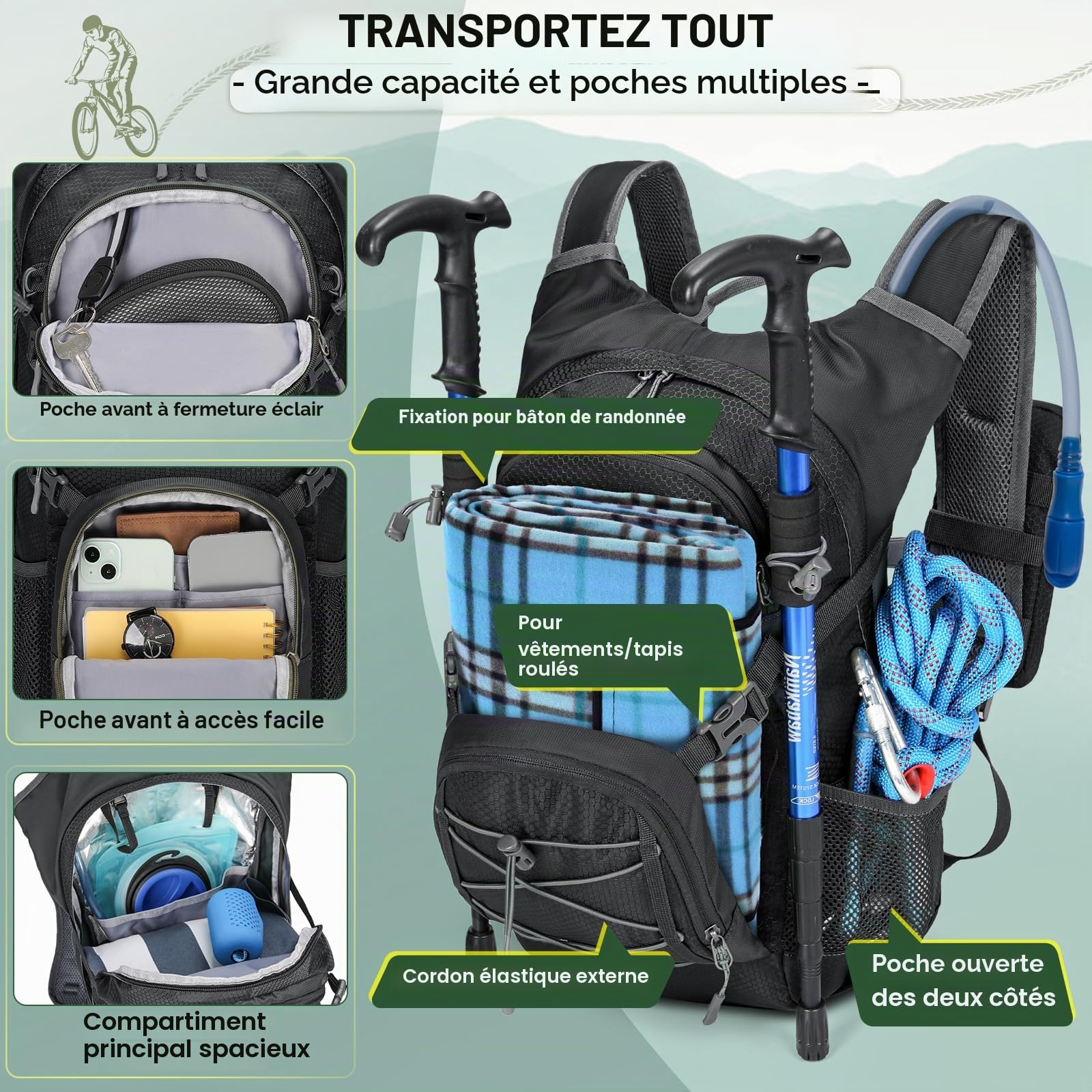 RAINSMORE Sac à Dos D'hydratation avec Vessie d'eau de 2L Sac à Dos Randonnée Moto Sport 18L Homme Femme Léger Isolé avec Housse de Pluie pour Course à Pied Cyclisme l'escalade Trail Running