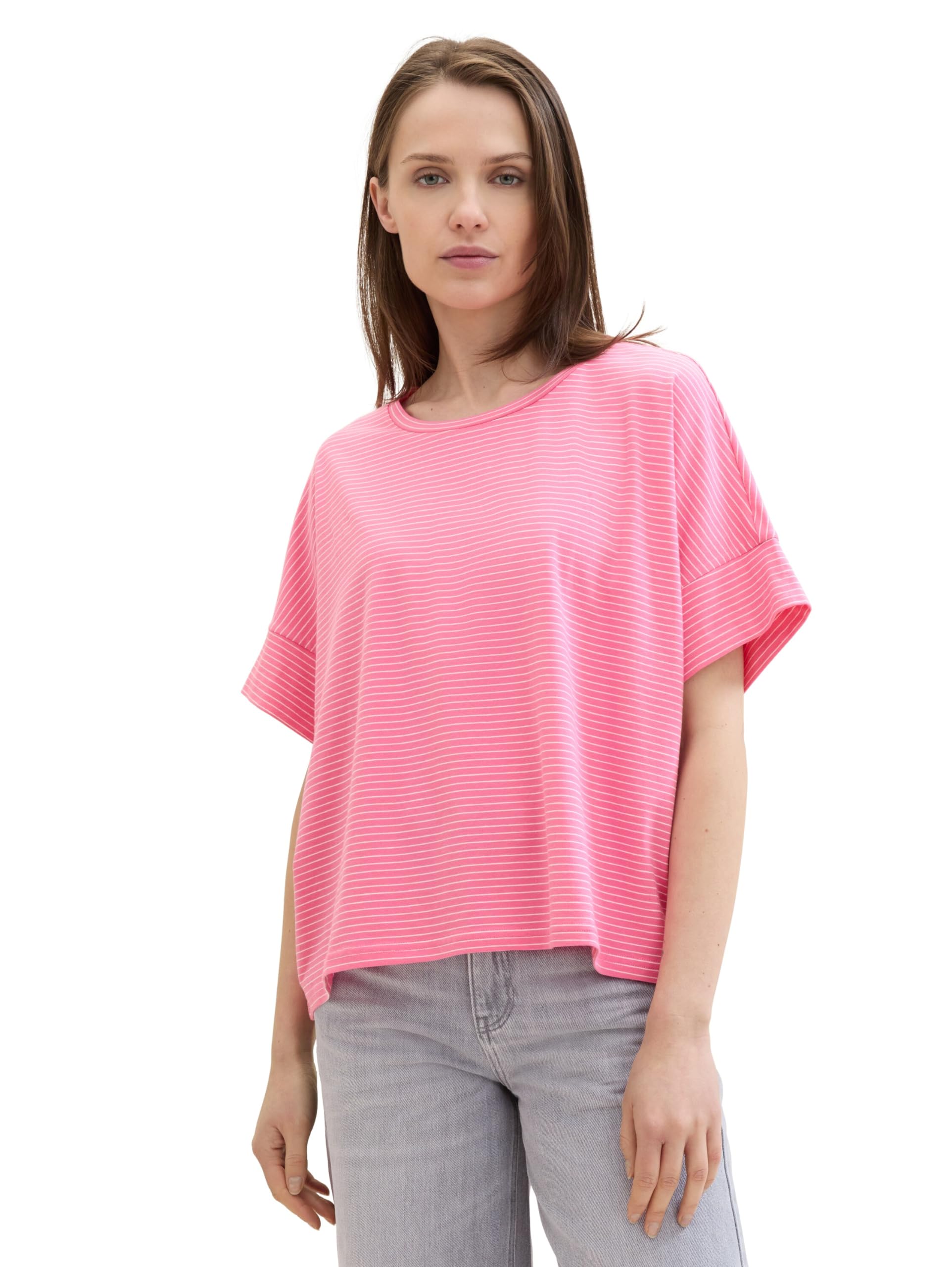 TOM TAILOR Women's Basic Boxy T-Shirt with Stripes, 35346 - Pink Offwhite Stripe, M