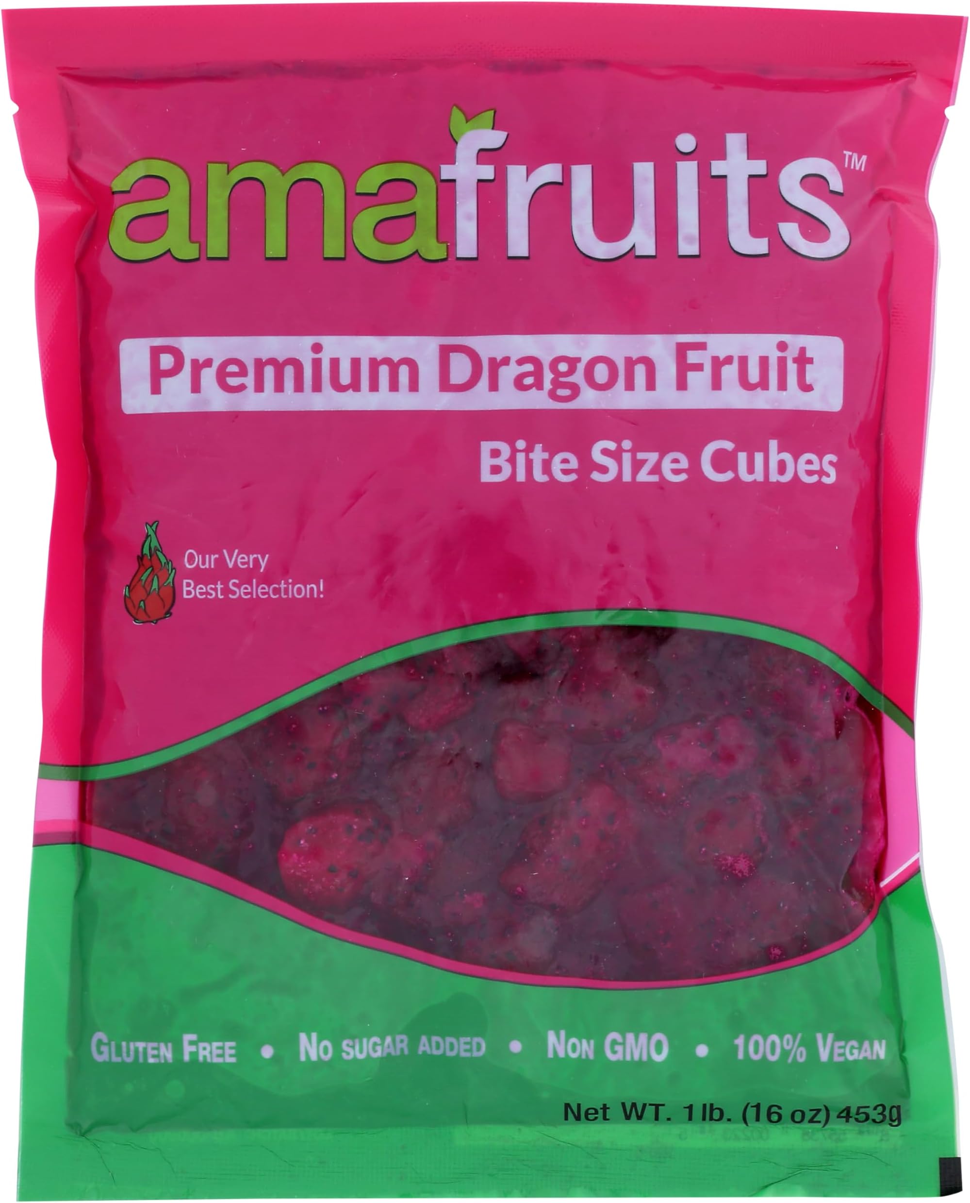 Amafruits Dragon Fruit (Pitaya) Bite Size Cubes - 16oz bag, 5 bag count