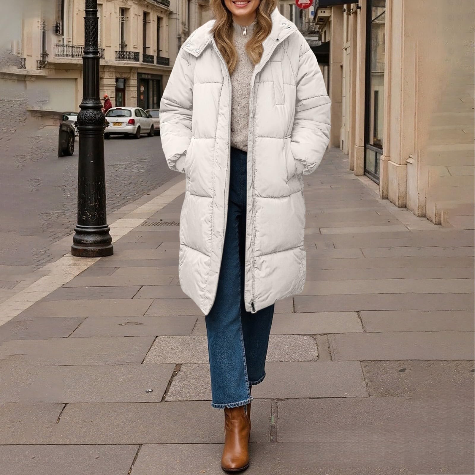Generisch Abrigo de invierno largo para mujer - Chaquetas de plumas para mujer, abrigo acolchado de invierno, parka monocolor, con cremallera, gabardinas de gran tamaño, chaqueta ligera a prueba de