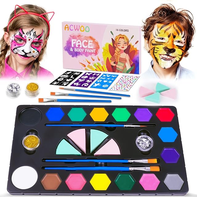 ACWOO Face Paints for Kids, 16 Colors Professional Face Body Painting Palette Kit with 1 Gem Sheet, 2 Glitters, 3 Stencils, 3 Brushes, 4 Sponges, Water Based Face Paint for Halloween, Party, Cosplay