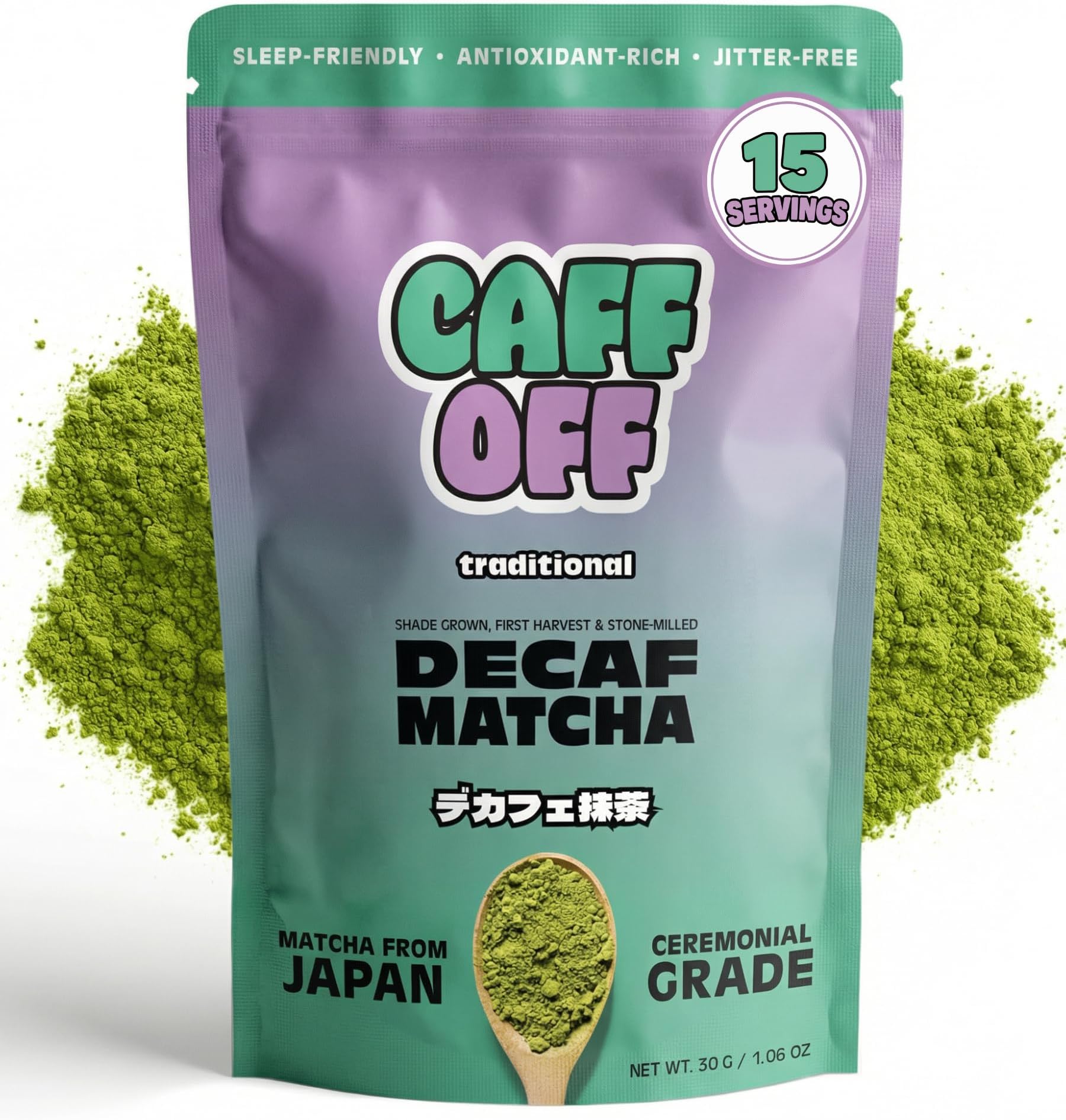 Caff Off Decaf Matcha Green Tea Powder, 15 Servings, Ceremonial Grade Japanese First Harvest, Naturally Decaffeinated for Pregnancy, Sleep & Evening Sipping, Heavy Metal Tested, 1.06 oz / 30 g