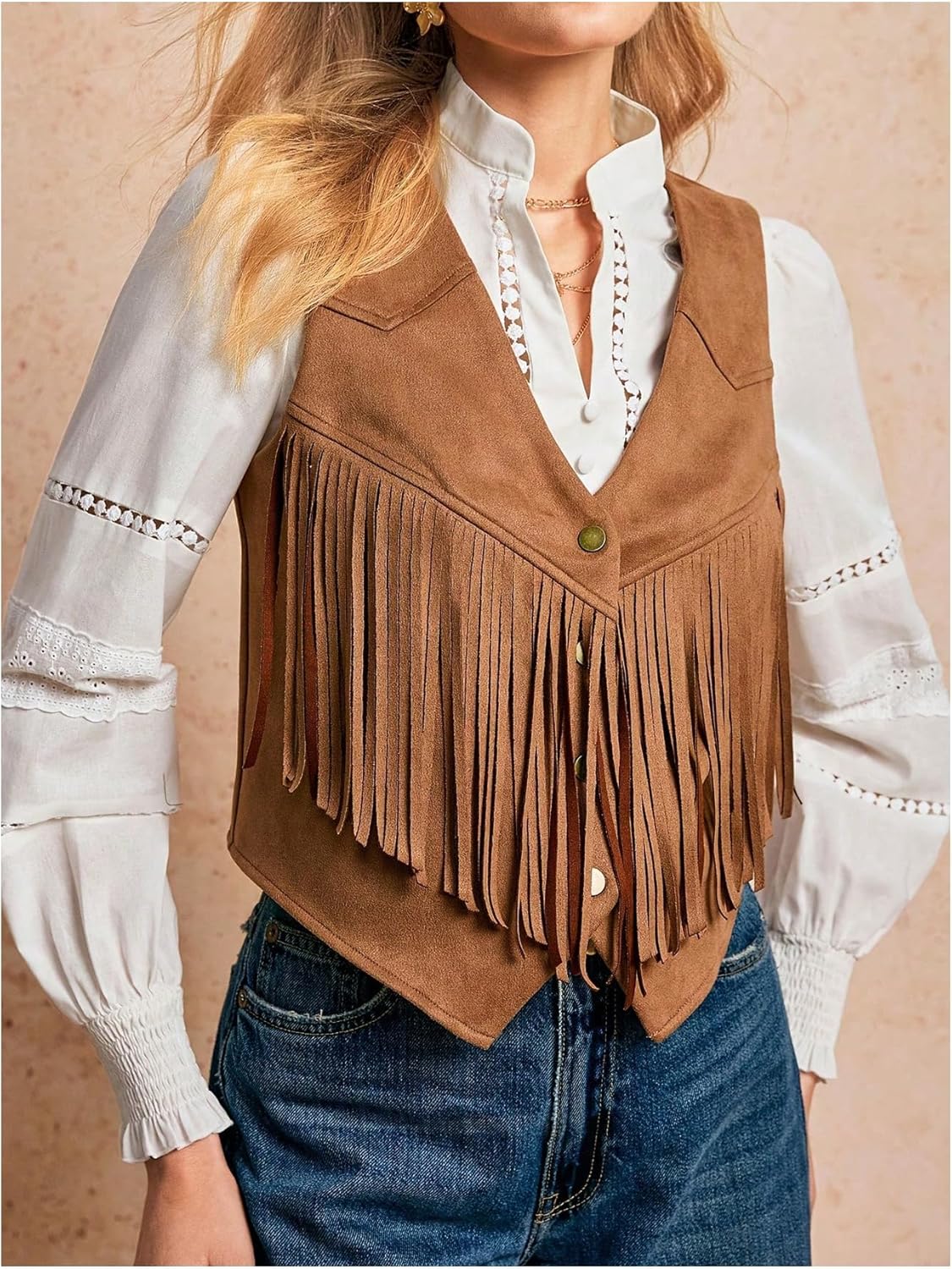 GORGLITTER Women's Western Fringe Vest Fashion Trendy Fall Faux Suede Sleeveless V Neck Button Down Cropped Jacket Cowgirl - Image 4