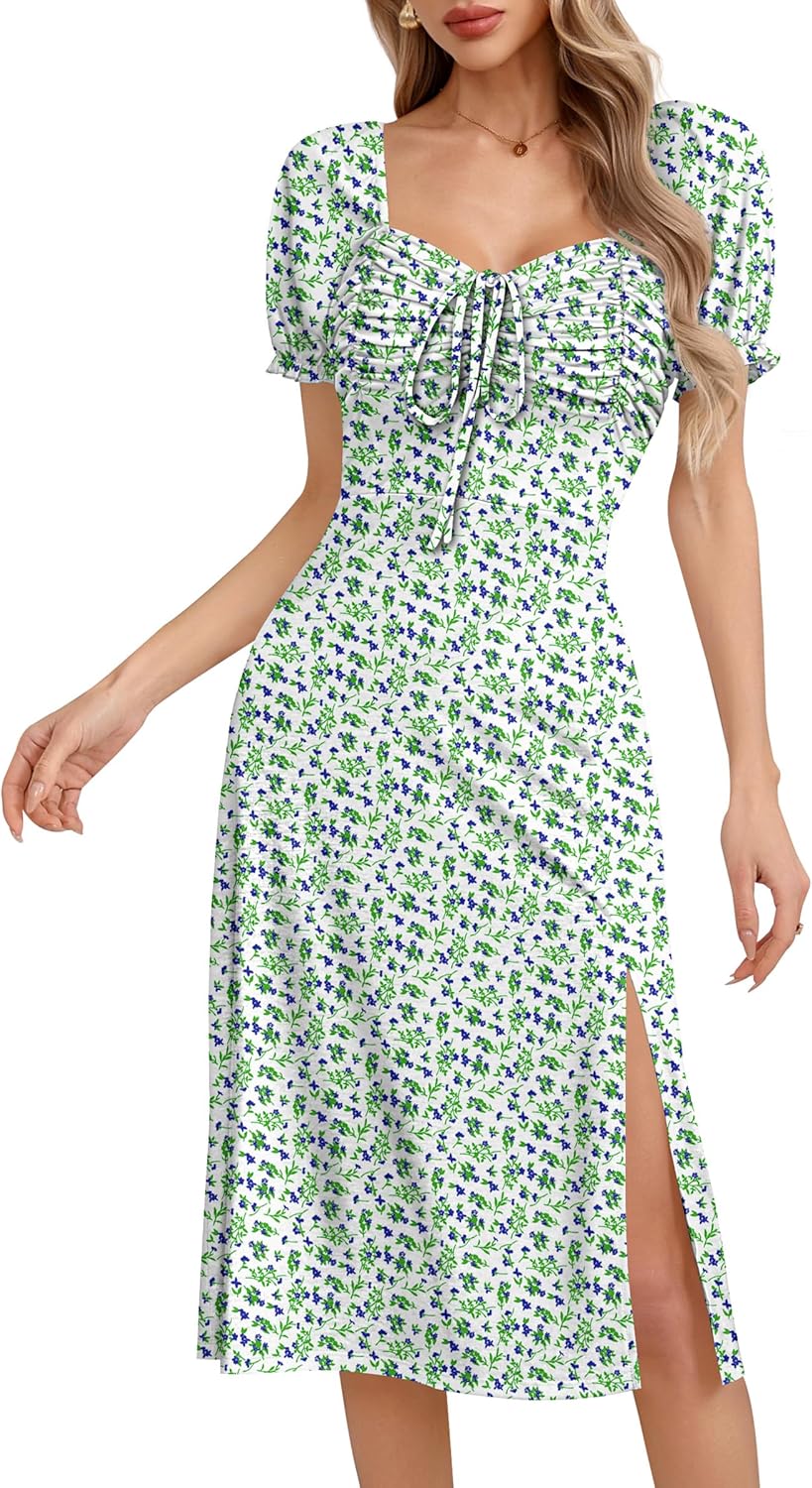 Missufe Women's Summer Floral Midi Dresses Puff Short Sleeve Side Split A Line Sundress Casual Beach Dresses