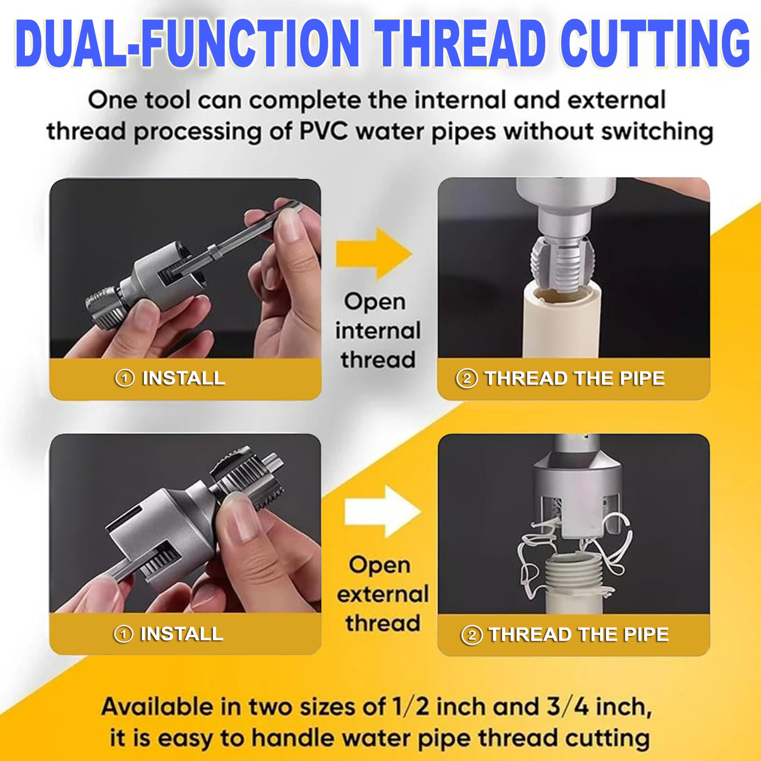Digital Craft 2Pcs Pipe Threading Die Heads for Electric Drill, 1/2" NPT and 3/4" NPT Pipe Threader Heads with Hex Shanks, Carbon Steel Plumbing Threading Die Head Tool Set 1