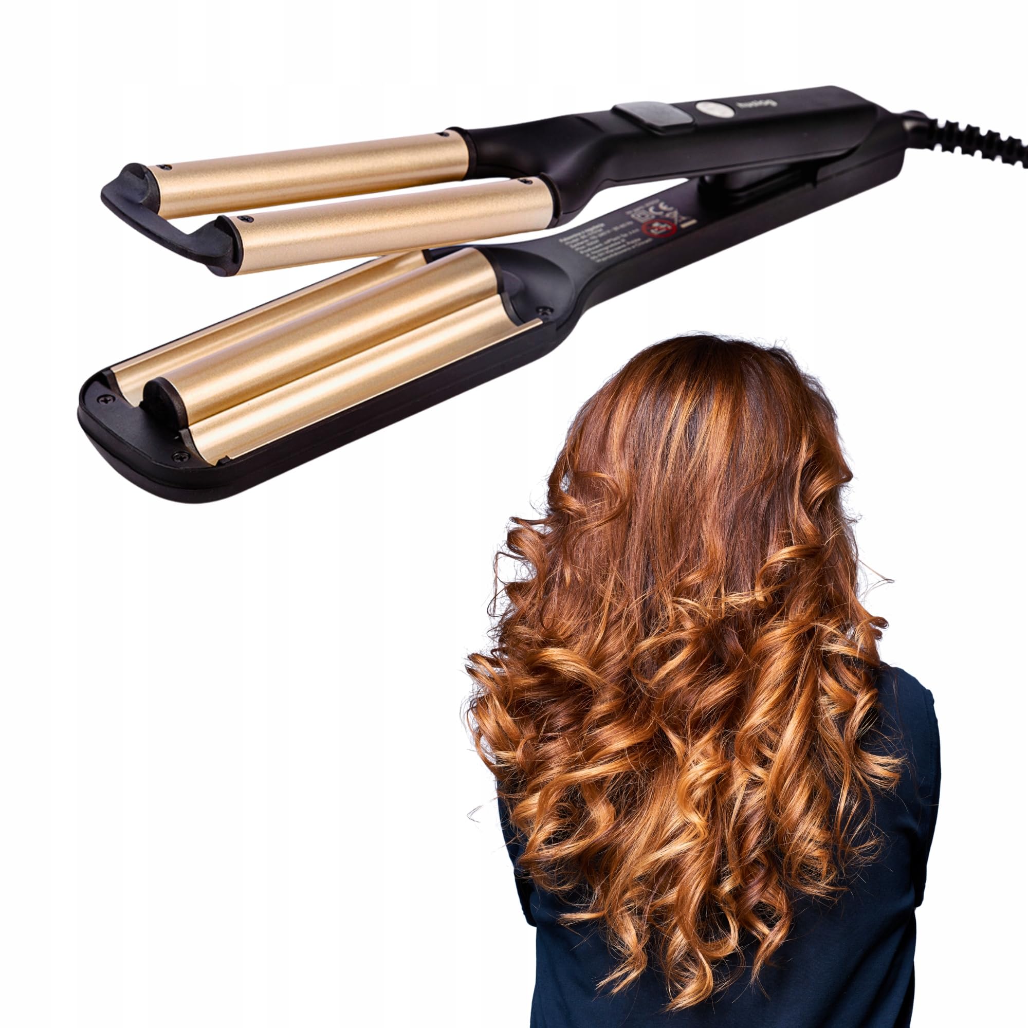 Ferro Arricciacapelli 3 Barre per Beach Waves, Piastra Onde Professionale in Ceramica, 3 Temperature 100–200°C, Riscaldamento Rapido, Cavo Girevole 360°, Nero/Champagne