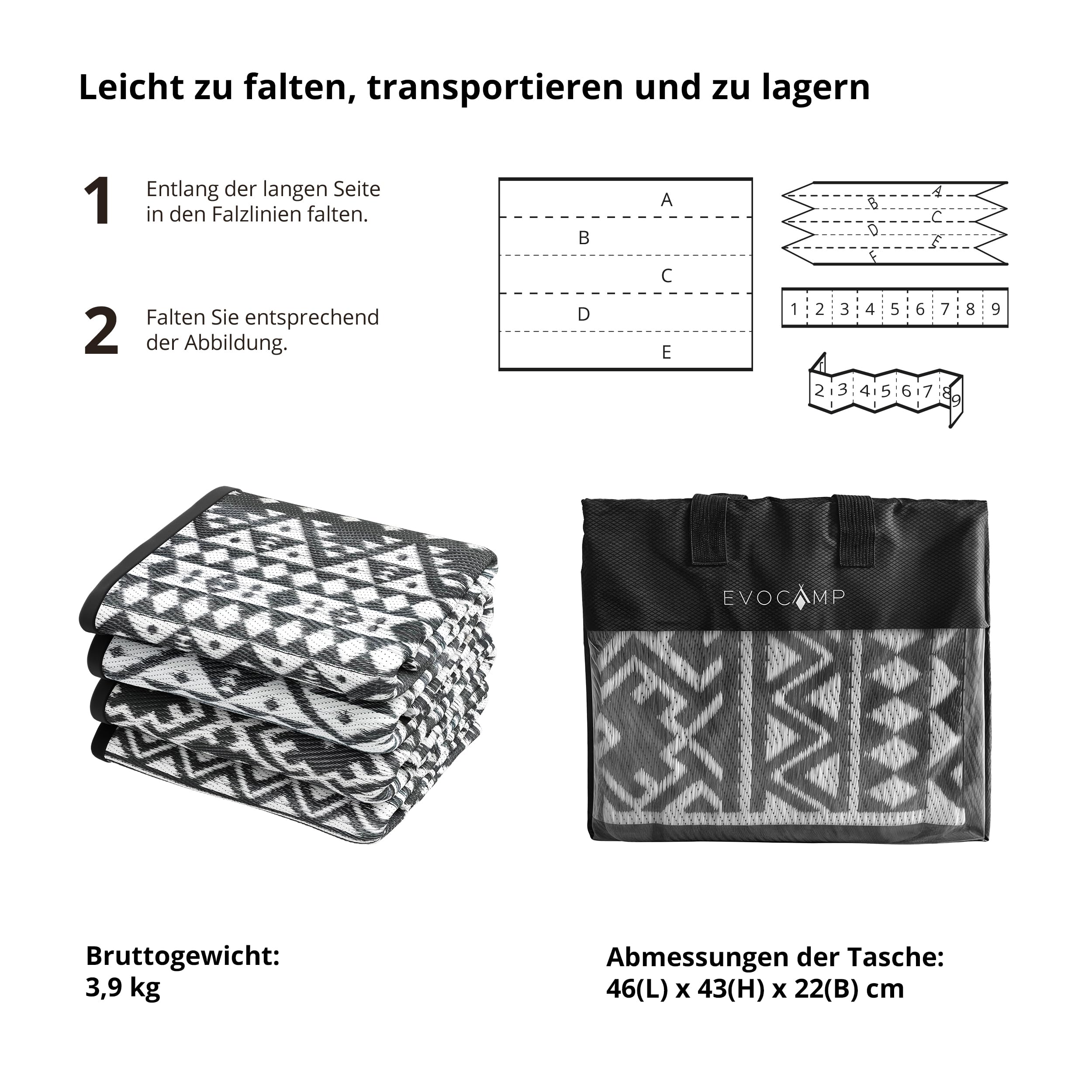 EVOCAMP Outdoor Teppich 250x400 cm, Kunststoffteppich, wetterfest und leicht - 3,6 kg, Picknickdecke für den Outdoor-Bereich, Vorzeltteppich aus Kunststoff-Fasern