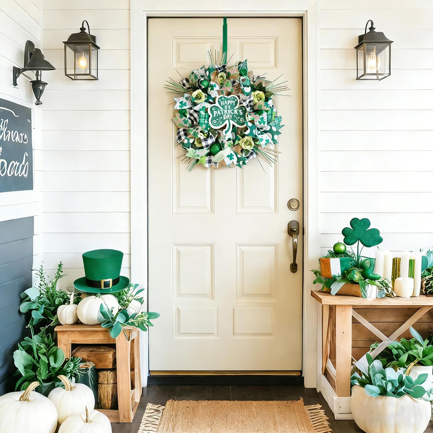 22" St Patrick's Day Wreath for Front Door - Shamrock Mesh Wreath with Green Glitter Hats, Shiny Balls & Roses, Lucky St Patty's Day Door Decoration, Irish Clover Wreath for March Home Decor