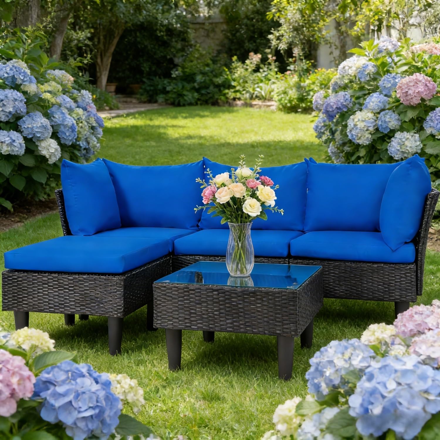 5-Piece Outdoor Sectional Sofa Set, All-Weather PE Wicker Patio Furniture with Thick Washable Cushions, for Backyard, Porch, Poolside & Balcony(Blue)