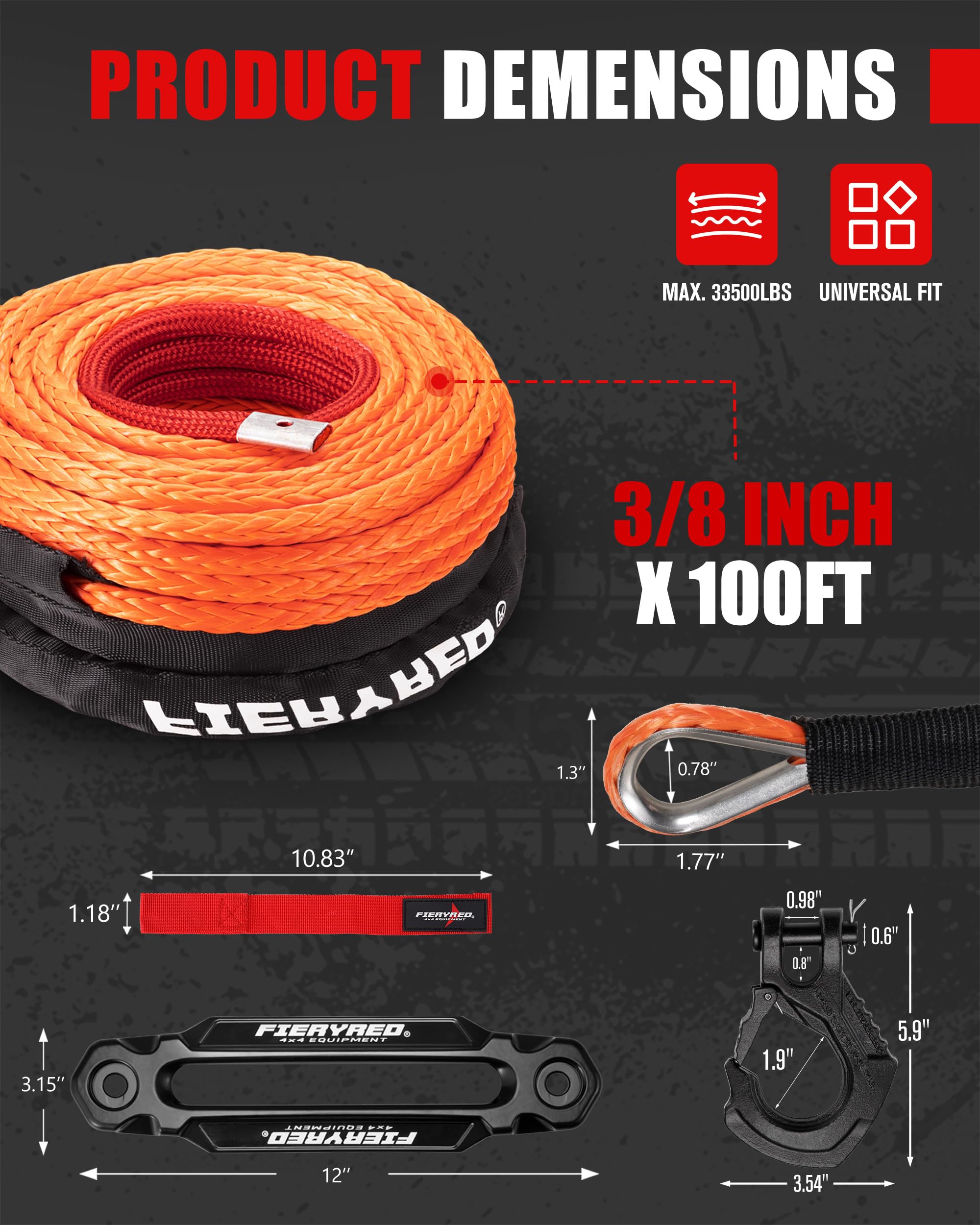 FIERYRED Syntetyczna lina do wciągarki 9,5 cm, 23809 Ibs Lina kablowa z hakiem wciągarki Fairlead do pojazdów terenowych 4WD, ATV, UTV, SUV, SUV