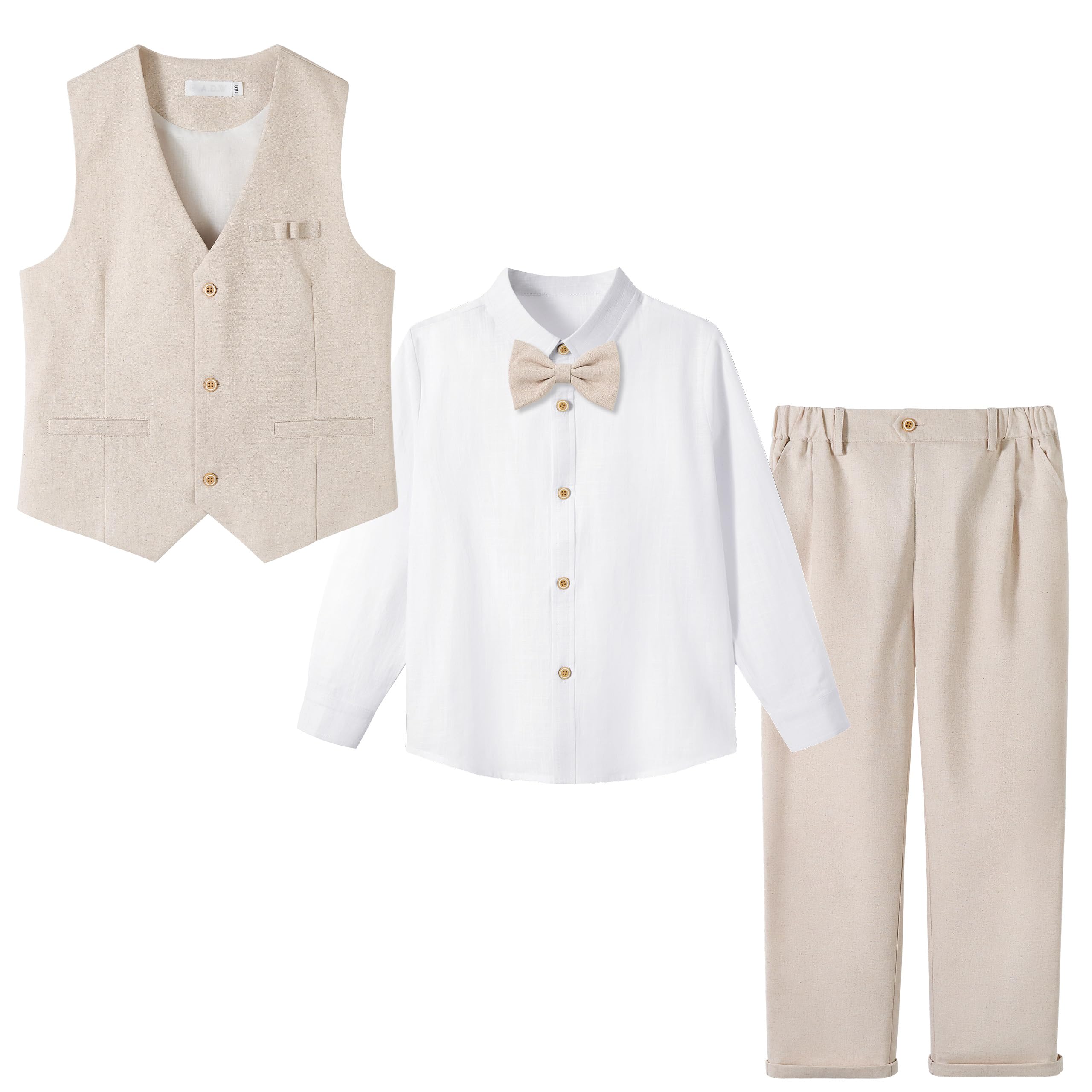 LOLANTA 4 Pezzi Completo Cerimonia Elegante Bambino, Ragazzi Paggetto Matrimoni Battesimo Abito in Lino Suit Set, Gilet+Pantaloni+Camicia+Farfallino
