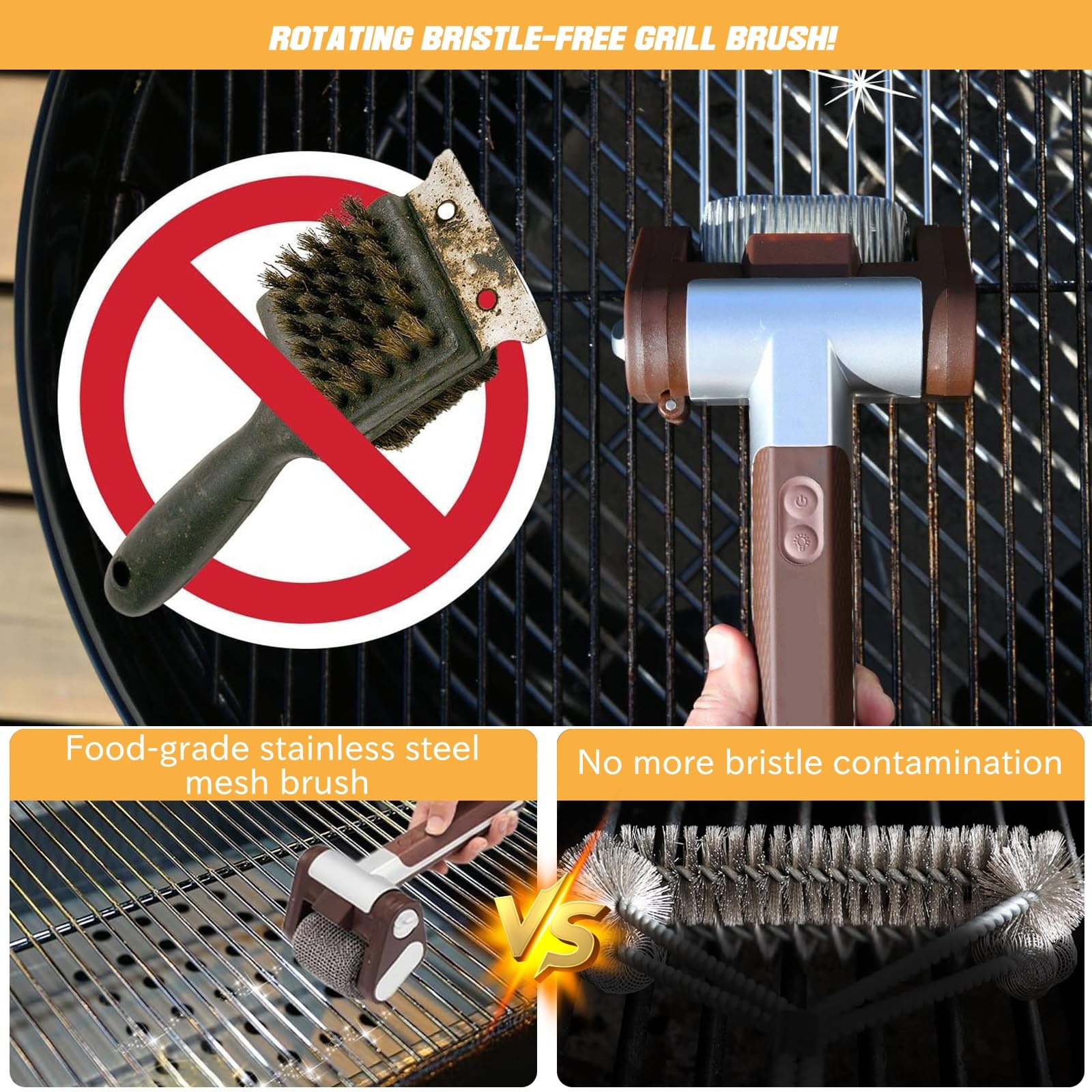 Spazzola per barbecue per esterni, senza setole, pulitore per barbecue acciaio inox 304 per griglie a gas, griglie a carbone, bollitori e griglie(Black gold)