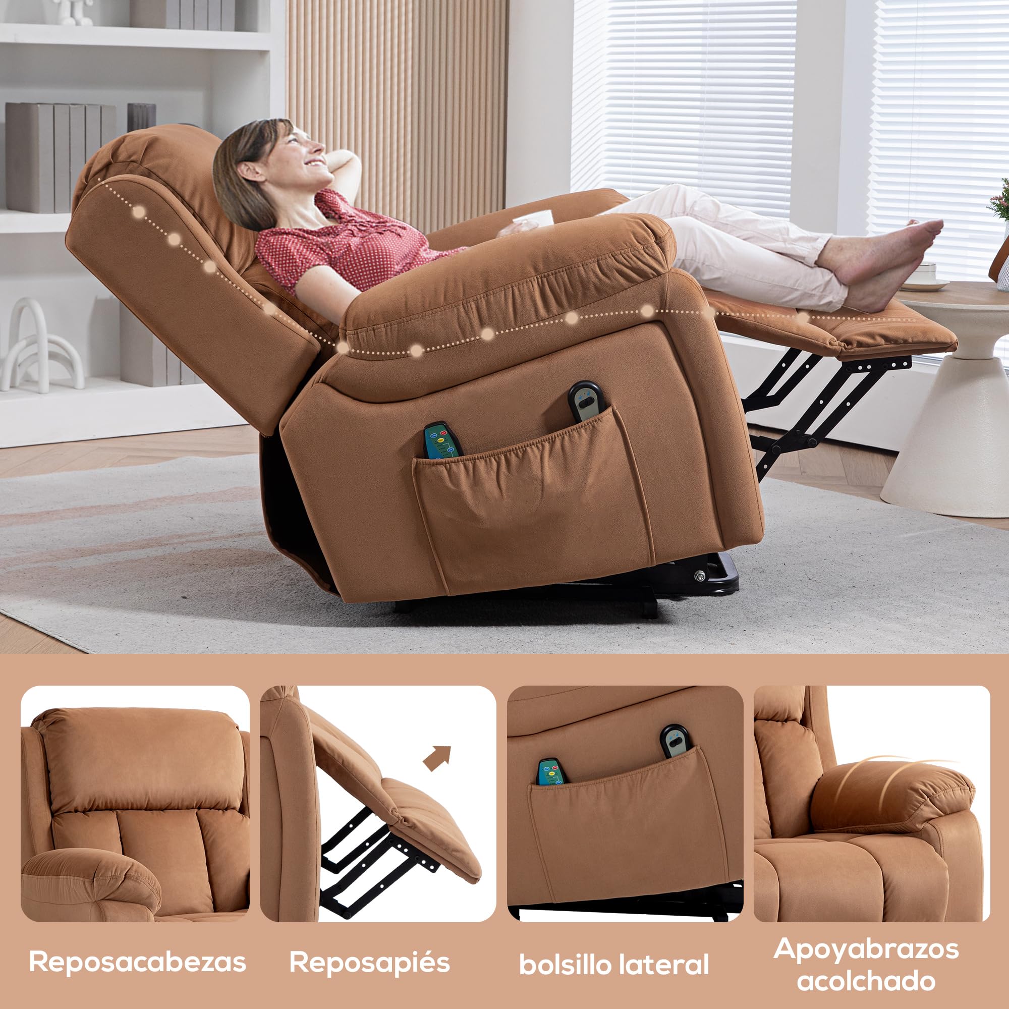 HOMCOM Sillón Relax Reclinable Eléctrico Levanta Personas, con Masaje Vibratorio y Calor, Sillón Elevador, con Control Remoto, Reposapiés, Tapizado en Cuero Sintético, Bolsillos, Marrón
