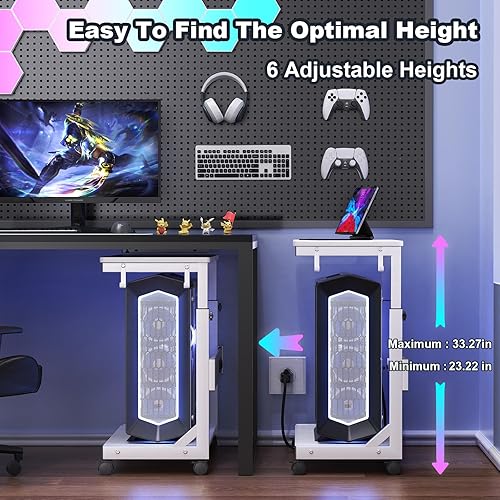 Miniatura 4 de Soporte de torre de computadora de altura ajustable con estación de carga y puerto de carga USB, carrito de 2 niveles ATX, soporte de PC móvil