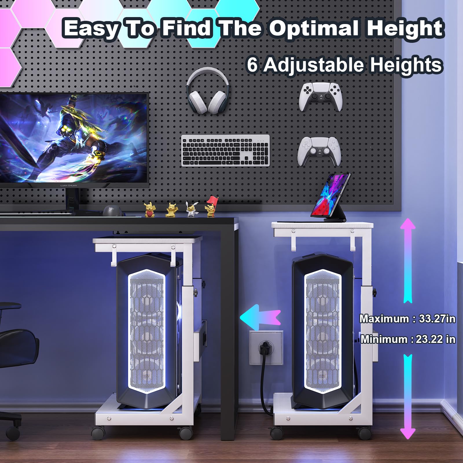 Height Adjustable Computer Tower Stand with Charge Station and USB Charging Port 2-Tier ATX-Case Cart Under Desk Mobile — view 4