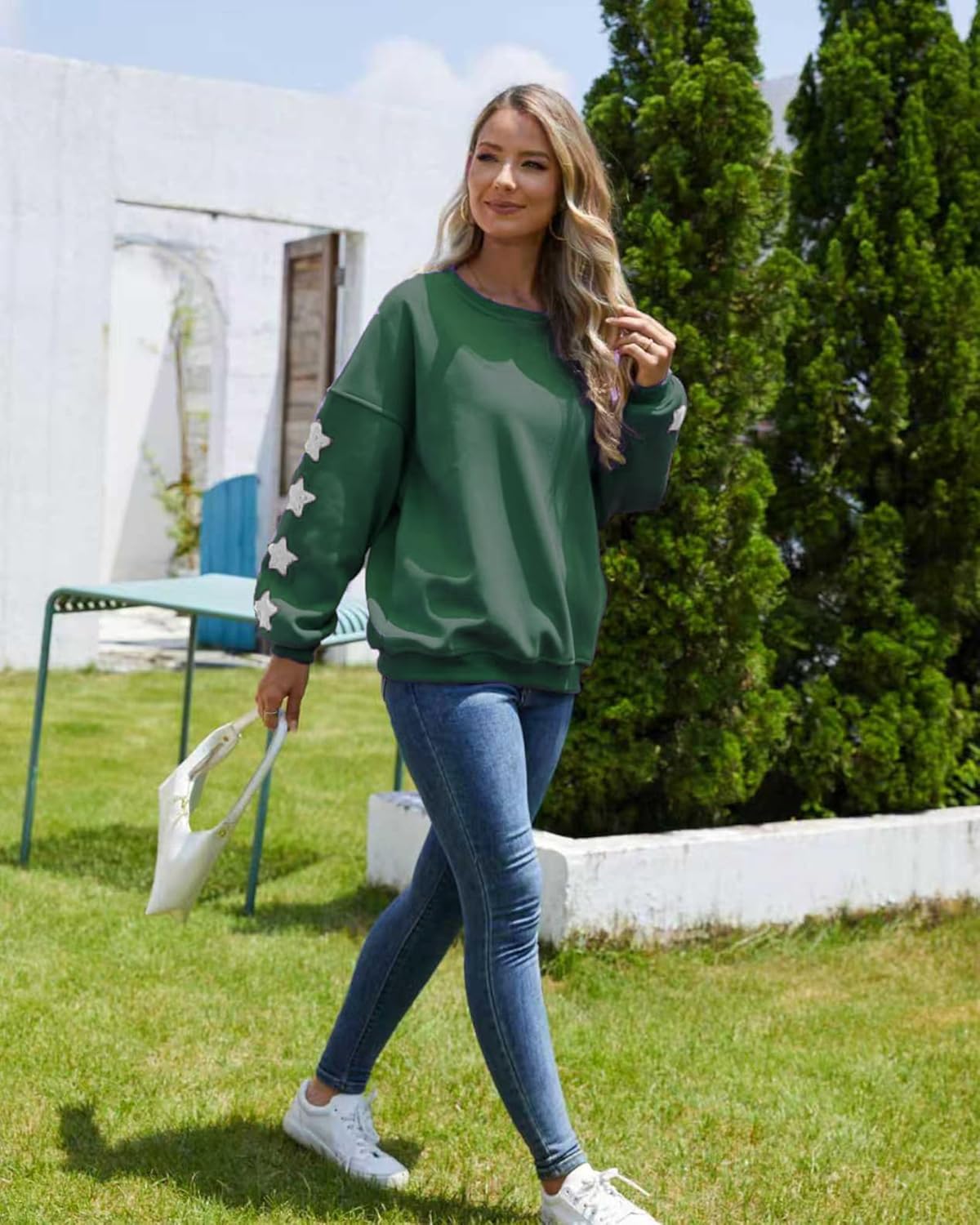 Women's Oversized Crewneck Sweatshirt, Thickened with Fleece, Star Sleeves, Long Sleeve Pullover Top - Image 7