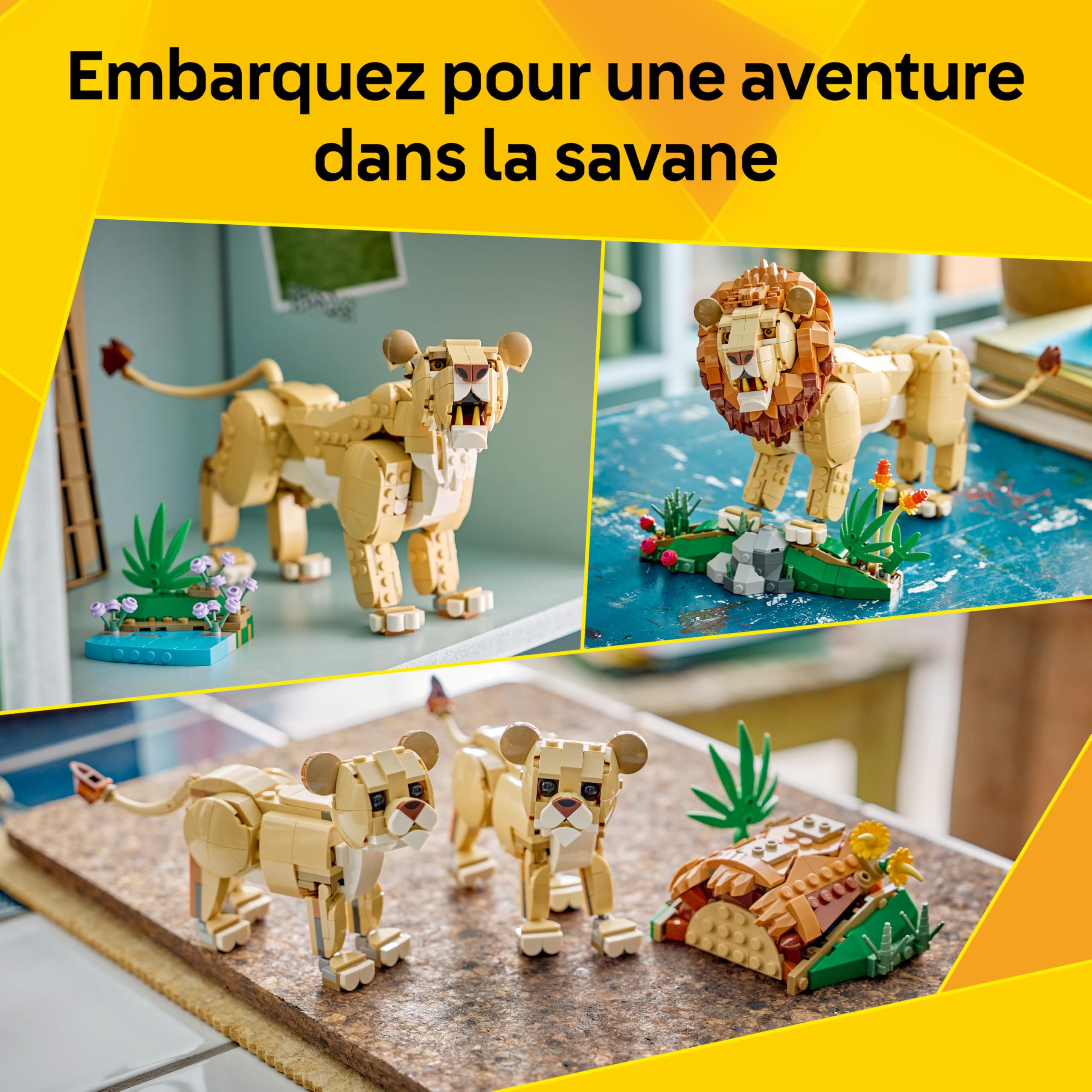 LEGO Creator 3-en-1 Animaux Sauvages : Le Lion Majestueux - Jouet - Figurine d'Animal se Transformant en Lionne ou 2 Lionceaux - Décoration de Chambre d'Enfant DIY - Cadeau Garçon ou Fille 9 ans 31386