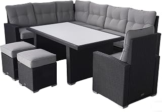 Ragnarök-Möbeldesign Dining Lounge Gartenmöbel PolyRattan – Hohe Sitzgruppe mit Tisch & weiße Glasplatte – Rattan schwarz – Polster Olefin Grau – Deutscher Hersteller