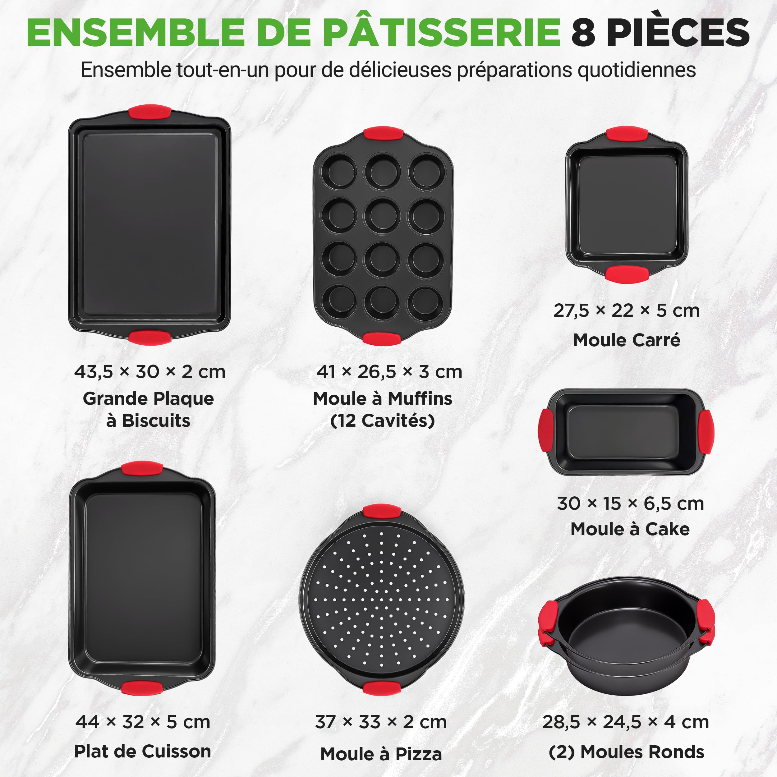 NutriChef Moules à Pâtisserie - Set de 8 Plateaux de Cuisson Antiadhésif en Acier au Carbone - Plateaux Empilables - Inclut Plaques à Biscuits, Moule à Cake, Pizza, Muffins et Gâteau - Noir