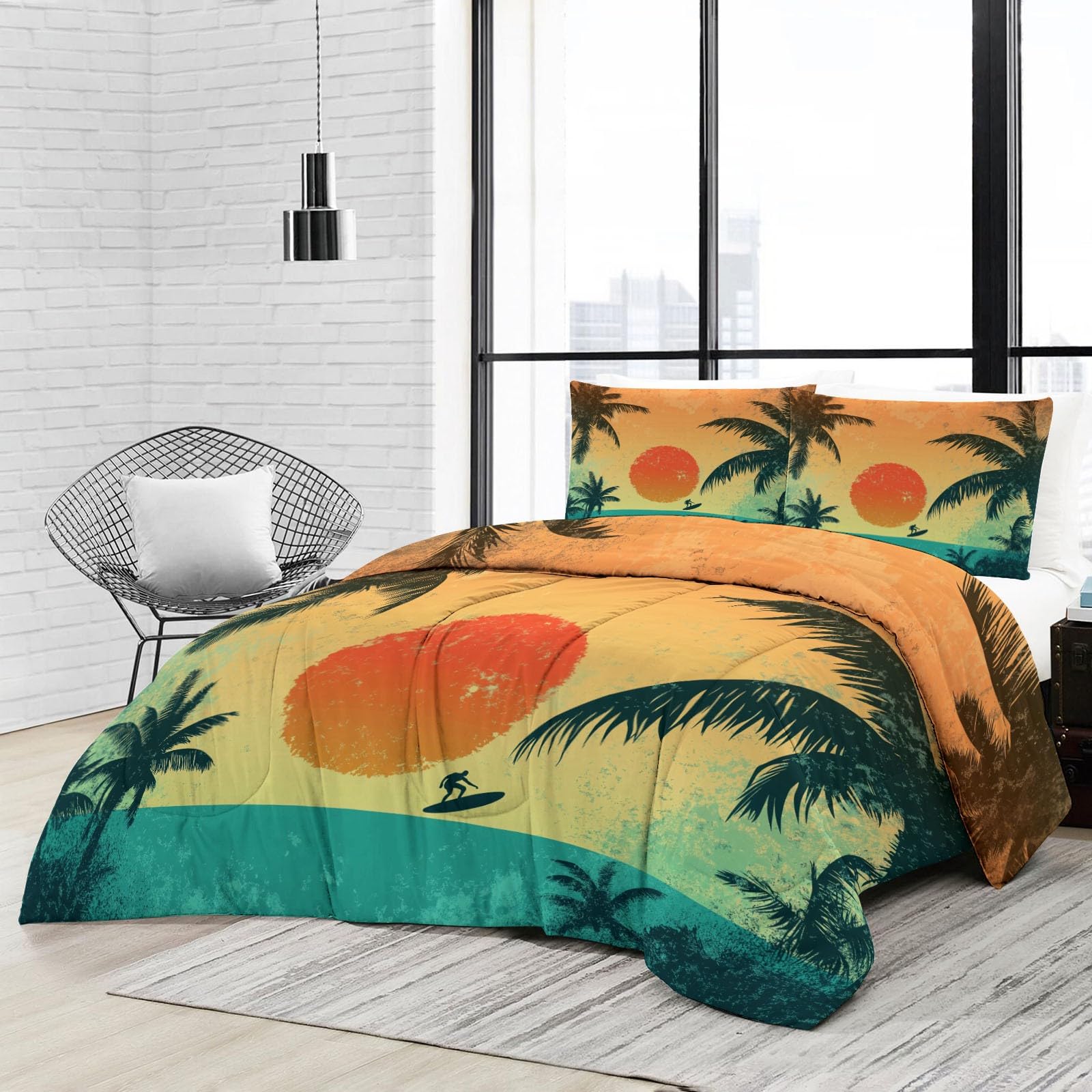 Retro Sunset Palm Tree Duvet z mikrofibry, kołdra na łóżko 2-osobowe 135x200 cm, wszystkie 4 pory roku i zima na łóżko, 2 poszewki na poduszki, kolor pomarańczowy
