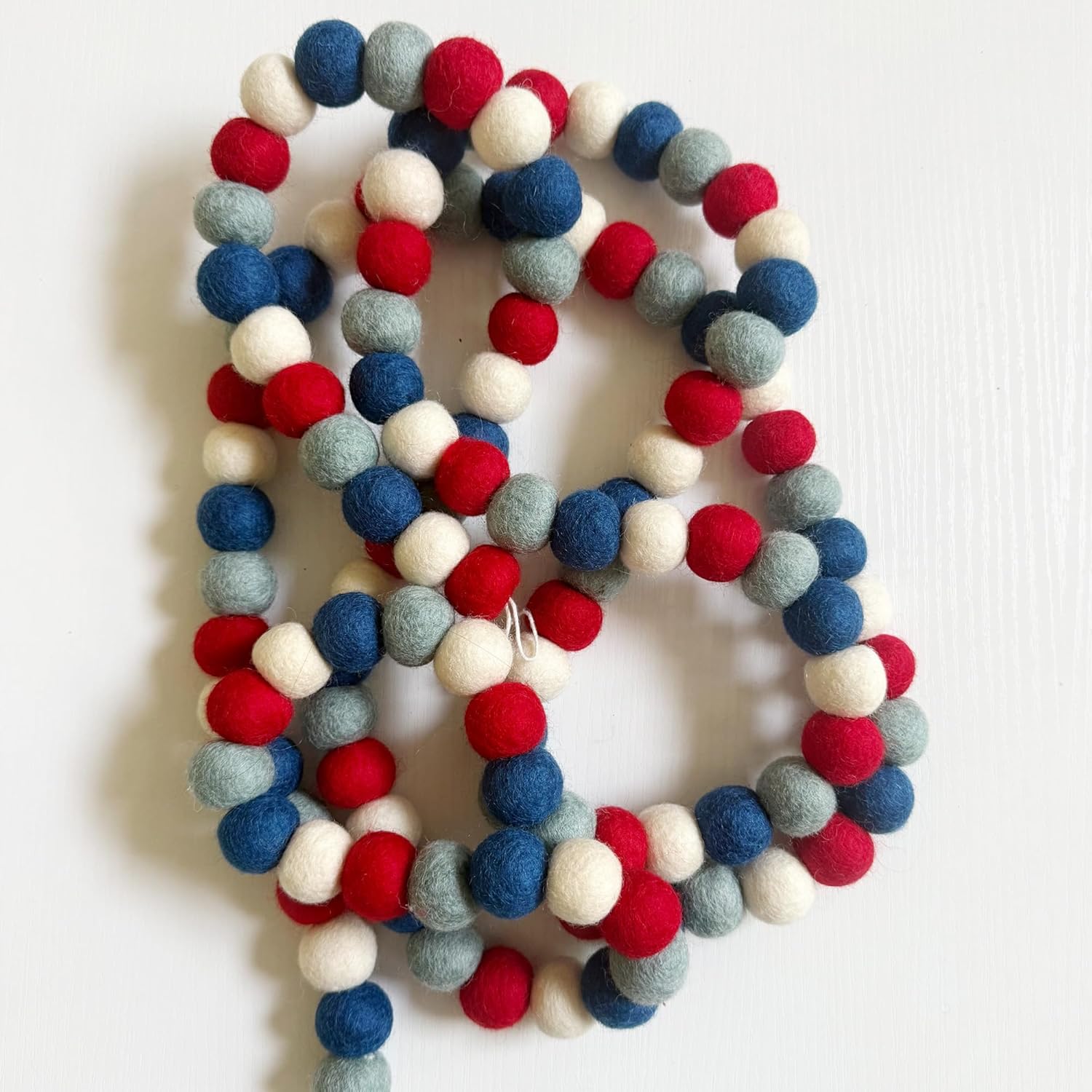 4th of July Felt Ball Garland, Patriotic Red White and Blue Garland, 9 Ft Wool Felt Pom Pom Banner for 4th of July, Summer, Patriotic Mantle Memorial Day Decorations