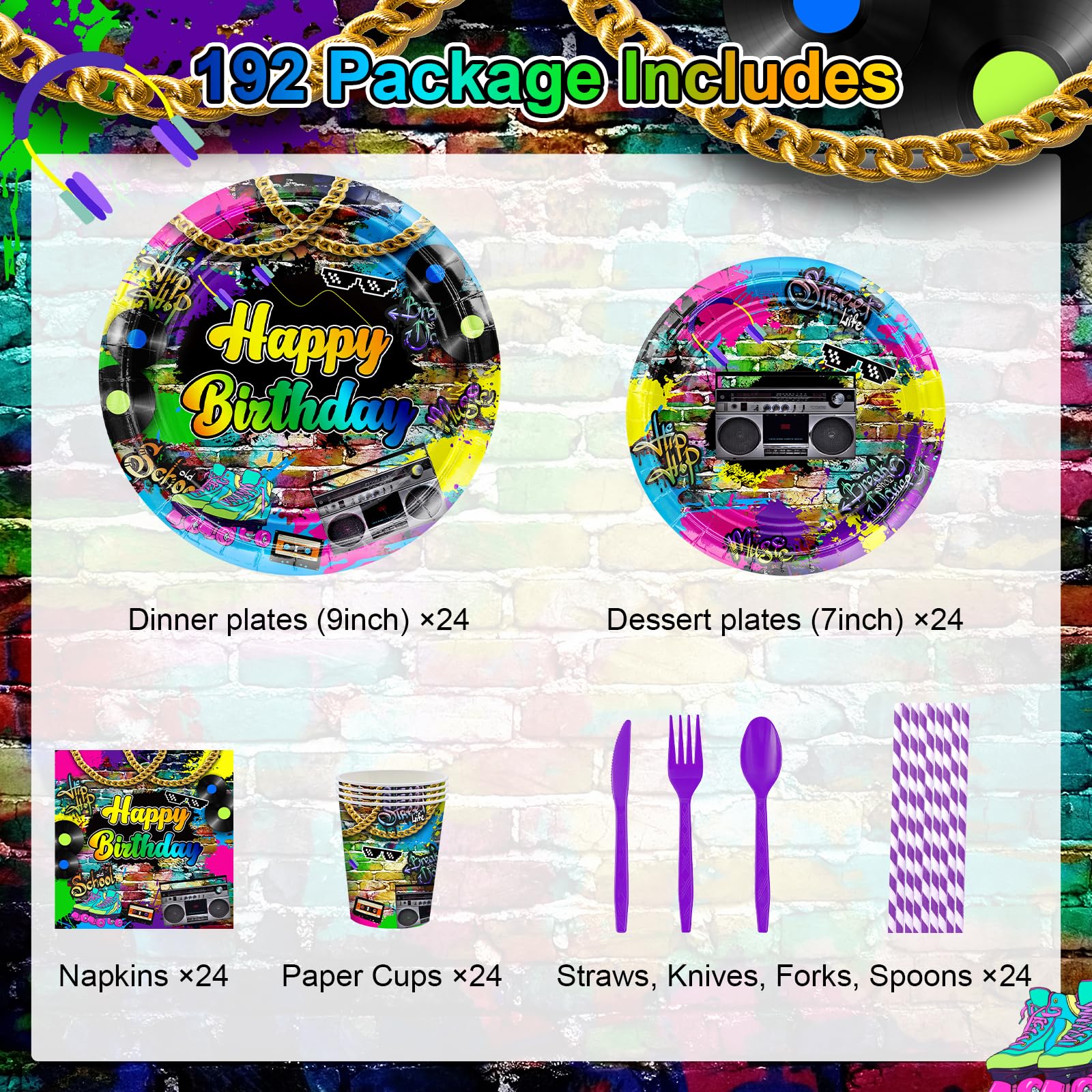 Avezano 192 Pcs 80’s Party Tableware Set 80s Birthday Hip Hop Party Table Decorations Supplies Retro 80s Theme Paper Plates, Napkins, Cups and Plastic Cutlery for 24 Guests