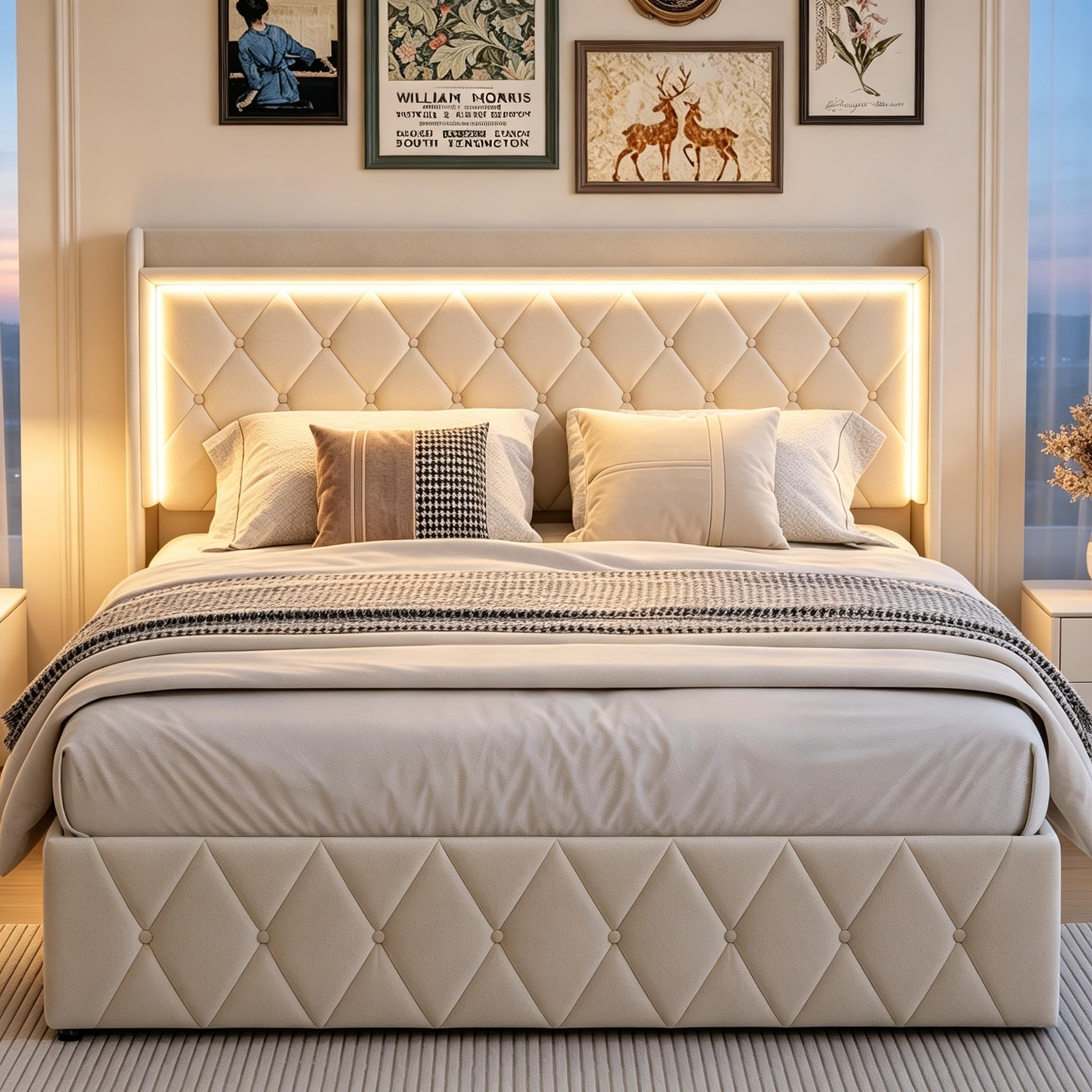 DADEA Cama Matrimonio 140x200 con LED y USB, Camas Matrimoniales con Canapé, Cama Doble Matrimonio Moderna con CabeceroCama Tapizada 140x200 con Almacenaje Camas Adultos con Somier, Sin colchón