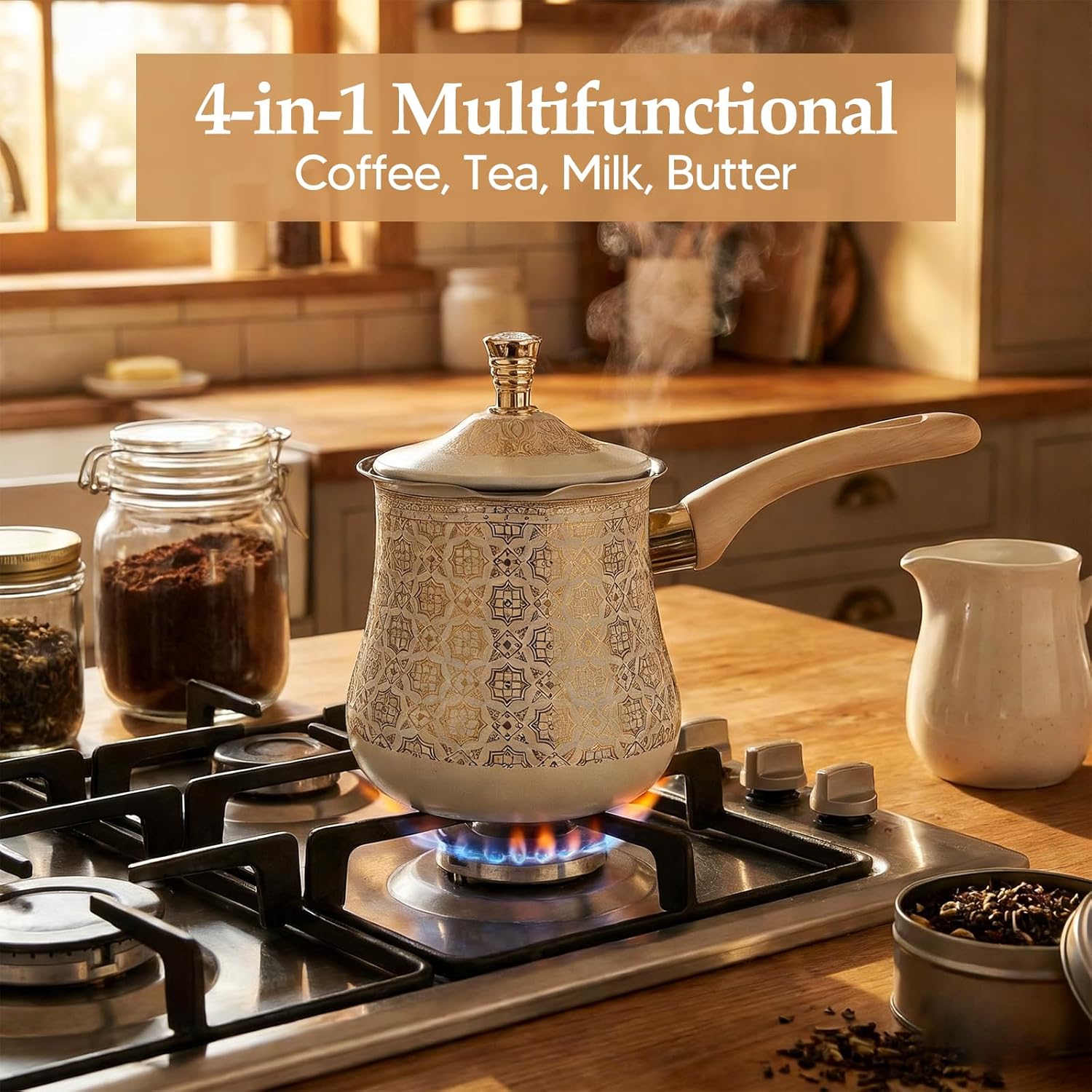 Stainless Steel Turkish Coffee Pot Milk Warmer Multifunctional Long Wooden Handle Butter Melting Pot Kitchen Accessory, Golden Pattern, 550ml