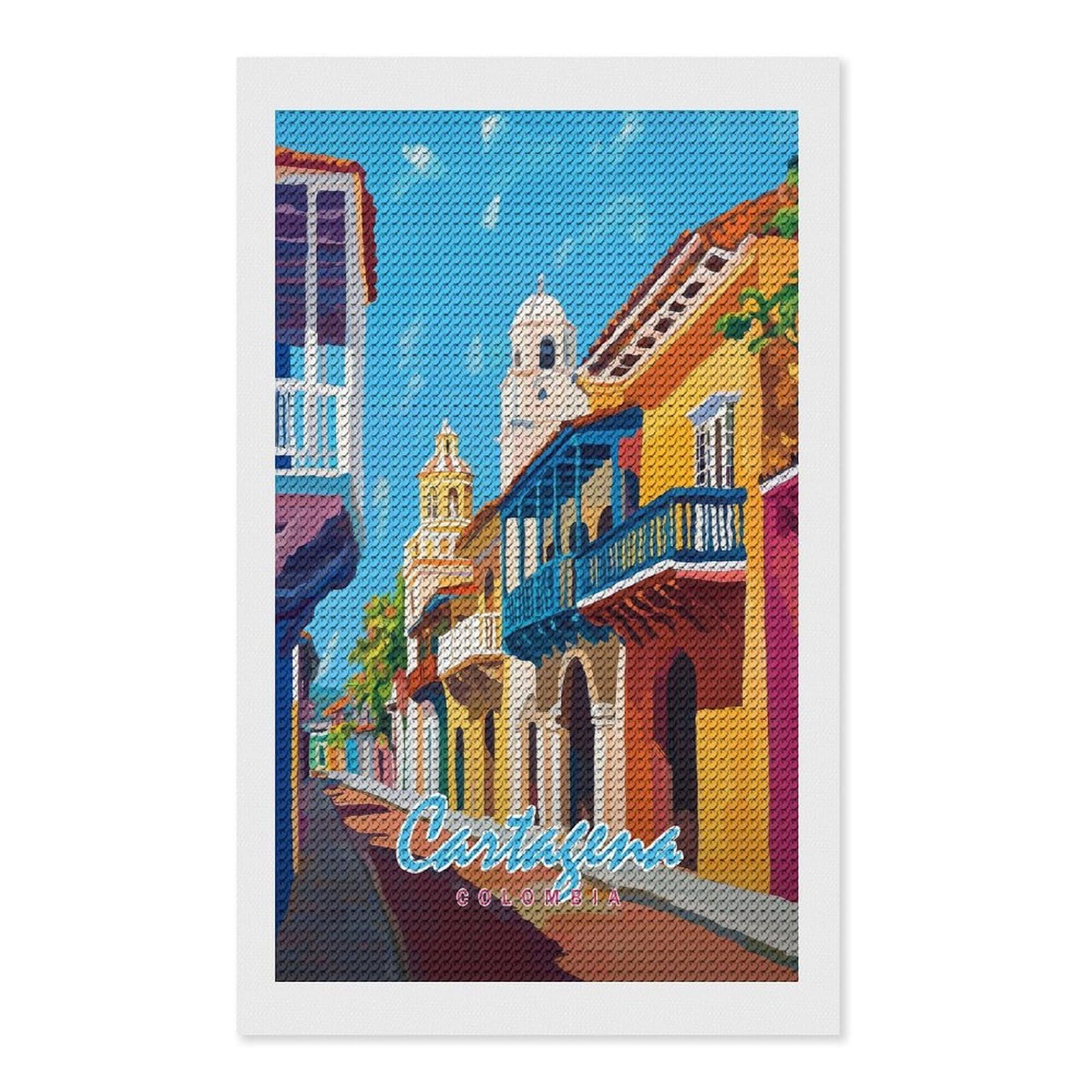 Junmoney Cartagena, Colombia Street Scene DIY Diamond Art Canvas Kit 12"x20", Relaxing DIY, Sparkling Crystal Beads, Vintage Style Decor, Holiday Gift Idea