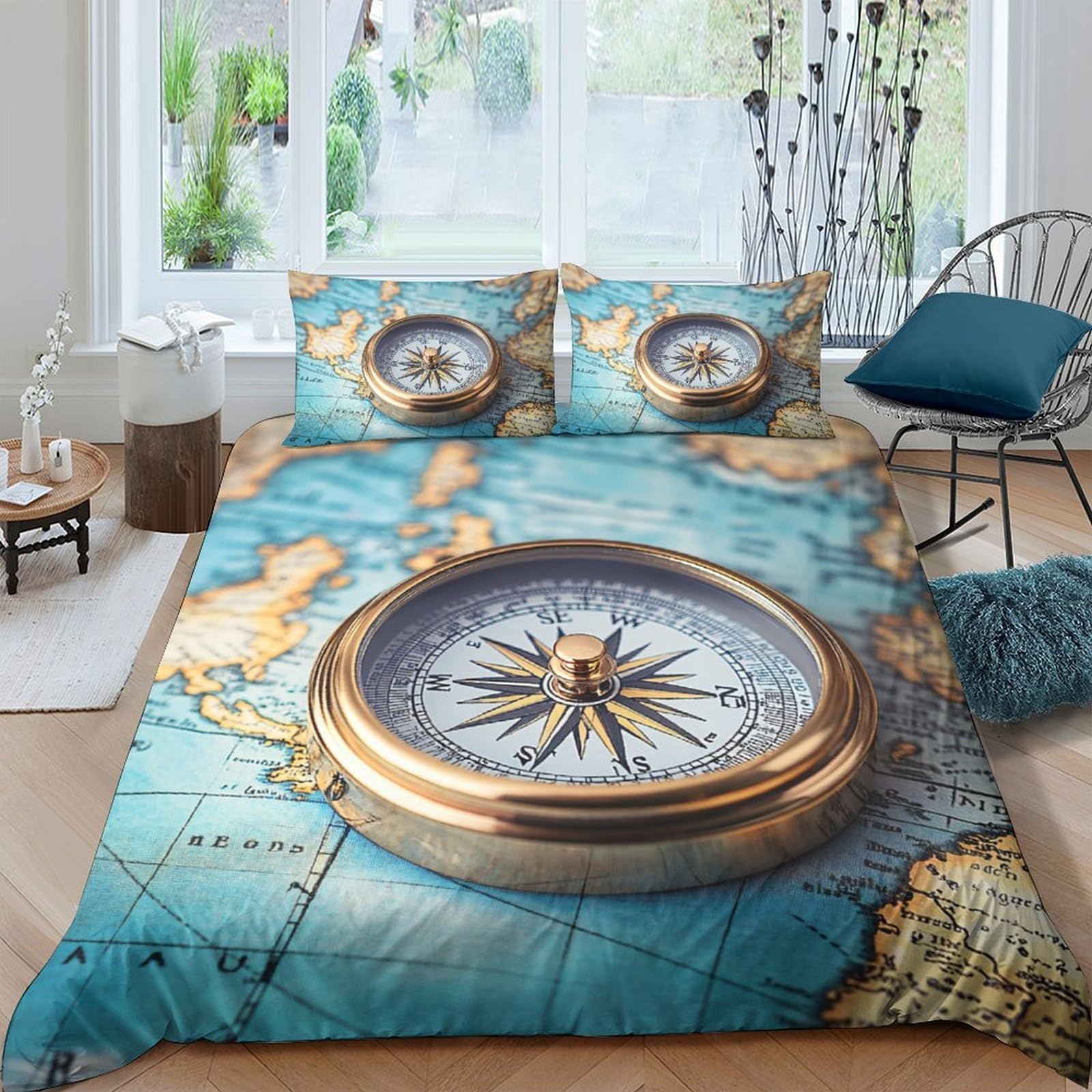 Ctjqhvkz Style-7 3D Printed Vintage Compass Fitted Sheet Microfiber Soft Map Pattern Bed Cover For Bedroom Dorm Mattress Decor Single（135X200cm）