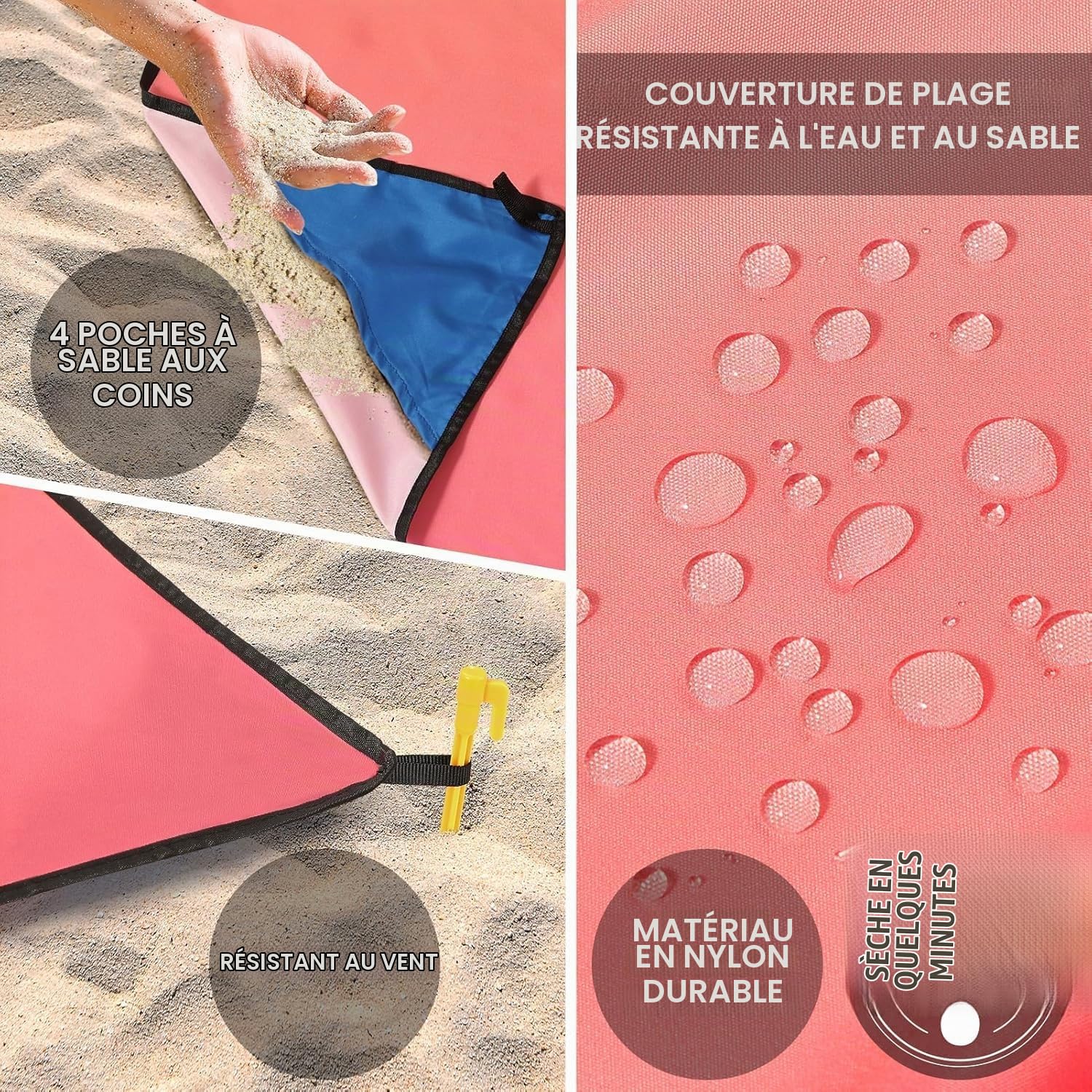 Tapis de Plage Imperméable, Couverture de Plage Large Anti Sable Drap de Plage pour Plage, Camping, Picnic, Parc, Voyage ect Les Èvénements en Extérieur (Brogressivement Rose/Bleu, 280 x 300cm)