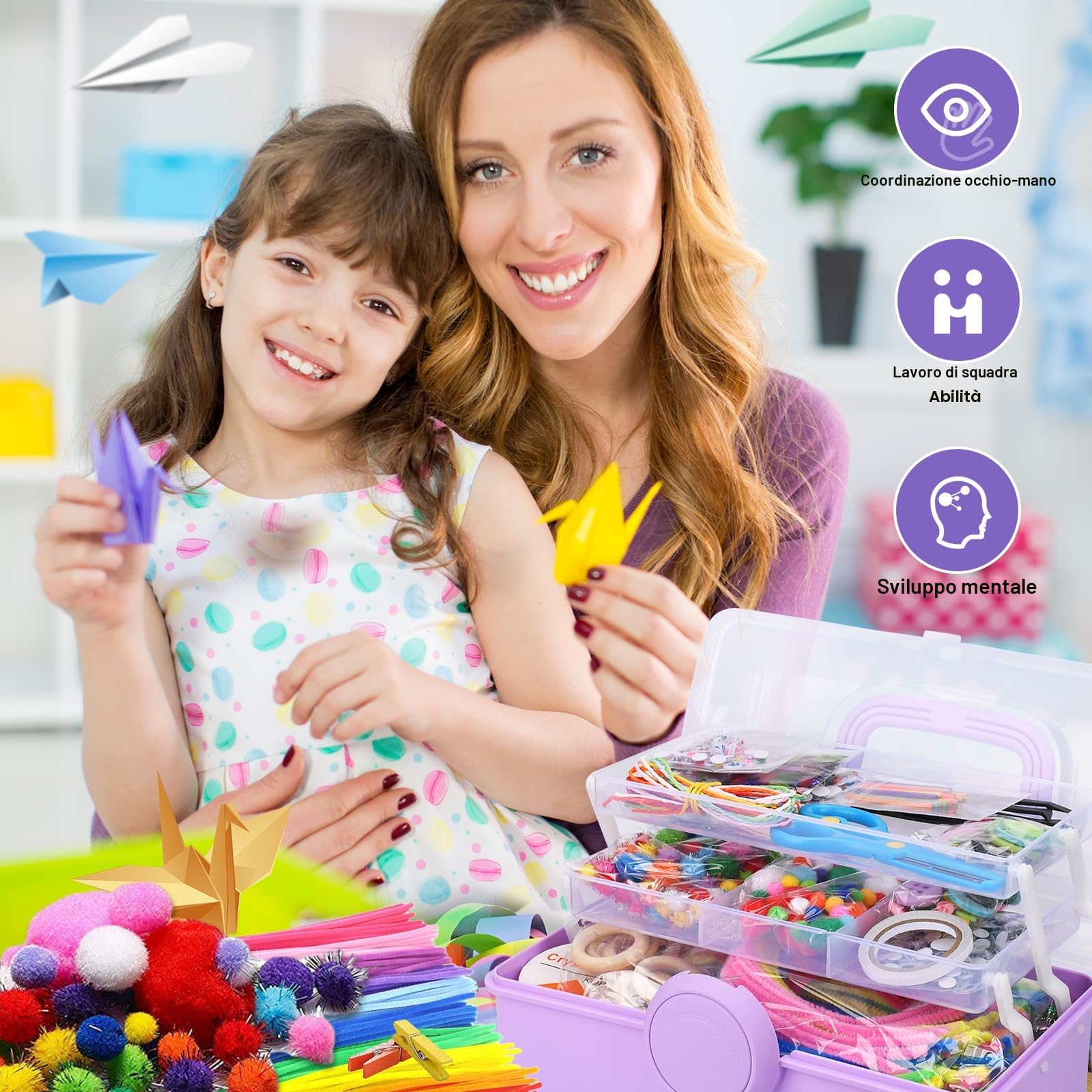 TAVADA Lavoretti Creativi 3000+ Pezzi per Bambini 3+Anni DIY Art Craft Set, Kit Artigianali Scovolini Pipa Colorati Pompon, Sticks, Piume Accessori per Artigianato, Giochi