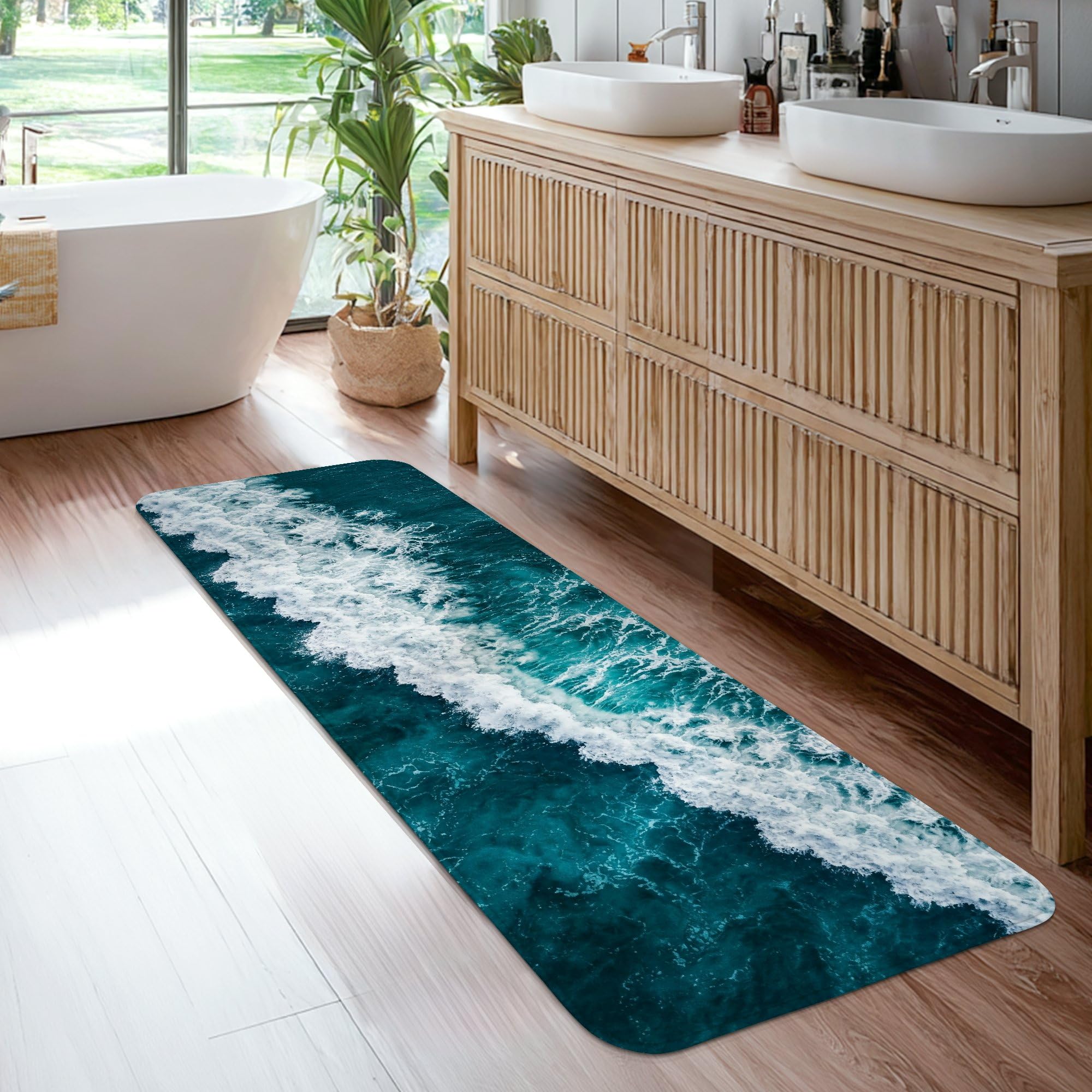 Tapis de couloir cuisine entrée buanderie mousse naturelle bleu sarcelle